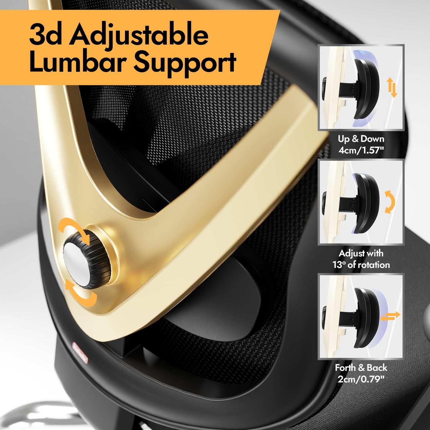 HOLLUDLE Ergonomic Mesh Office Chair - 3D Adjustable Lumbar Support & 3D Armrests, V-Shaped Back, Adjustable Desk Chair for Office & Home, Black and Gold