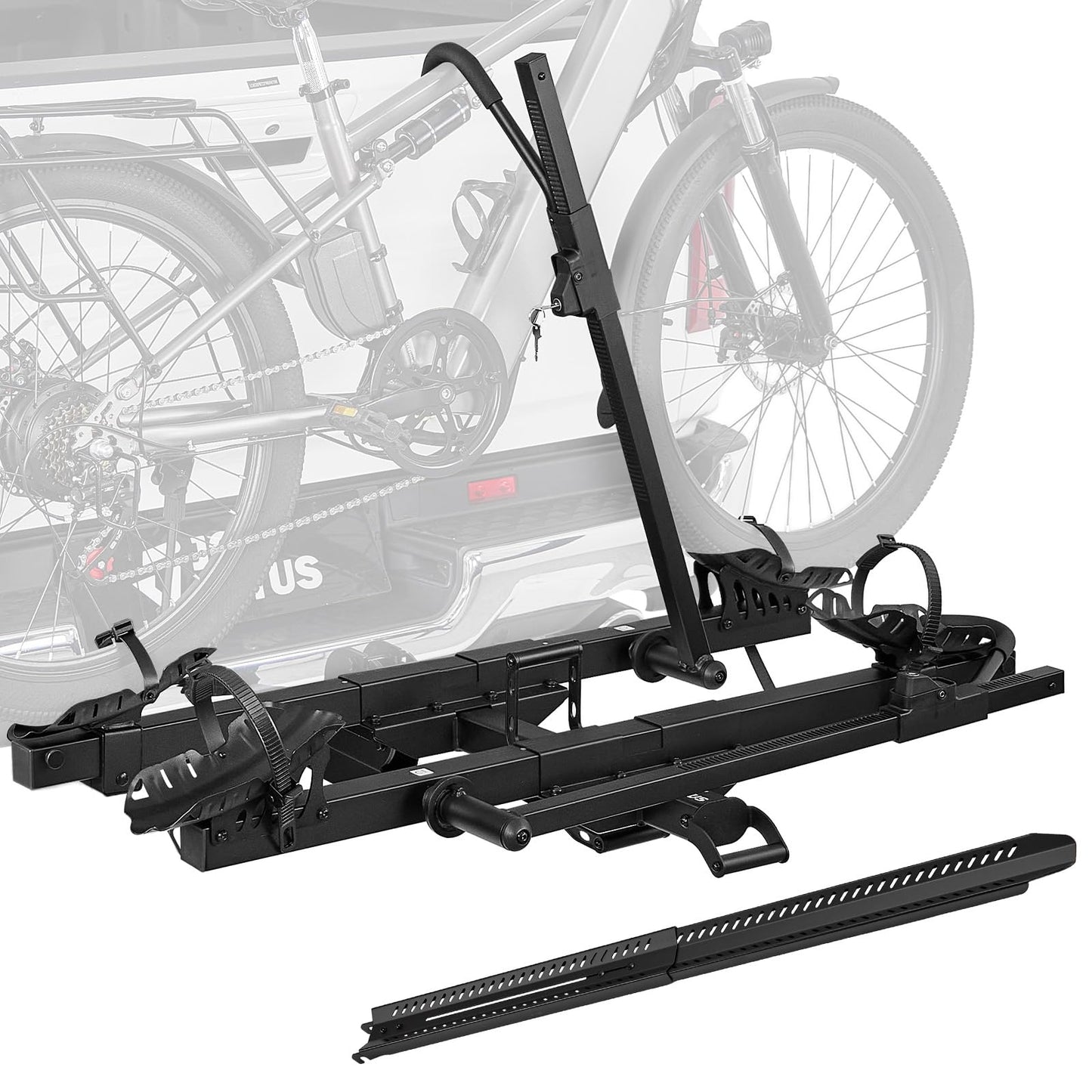 JOYTUTUS Hitch EBike Rack with Ramp for 2 E-Bikes, 200 LBS Capacity Electric Bike Rack for Cars SUVs Trucks, Easy Tilting Foldable Bike Carrier Platform Mount for 2" Receiver, Fits up to 5" Fat Tire