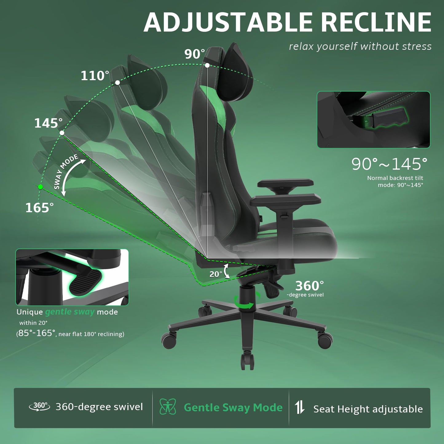 Ergonomic Gaming Chair, Wyrdforging Computer Desk Chairs, 4D Armrests, High Back Office Chair With Headrest & Lumbar Pillow, Tilt Rocker Recliner, Heavy-Duty Base, Black PU Leather & Green Suede Combo