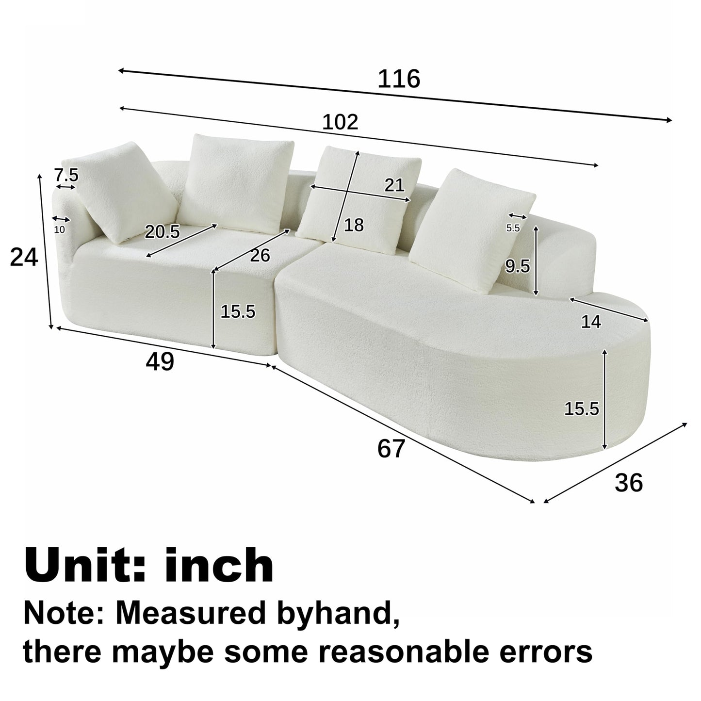 Christopher Knight Home 116" Modern Curved Sectional Sofa 2 Piece Set with Chaise Lounge, High-Density Compressed Sponge Couch, Fully Assembled Right Hand Facing Sofa for Living Room Lounge, Beige