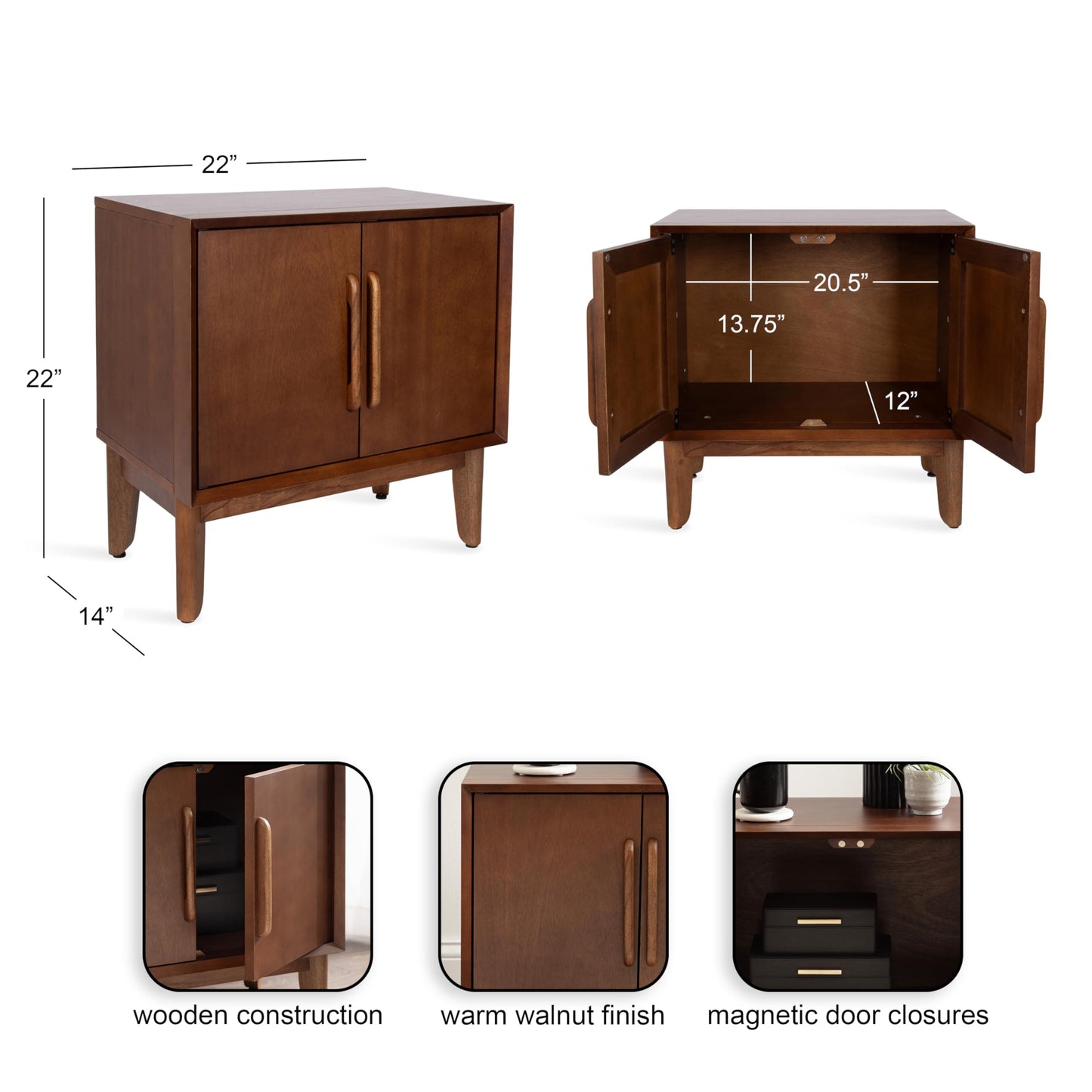 Kate and Laurel McCutcheon Modern Mango Wood Side Table with Storage Cabinet, 22 x 14 x 22, Walnut Brown, Transitional Wooden End Table for Use as Bedroom Nightstand or Entryway Decor Accent