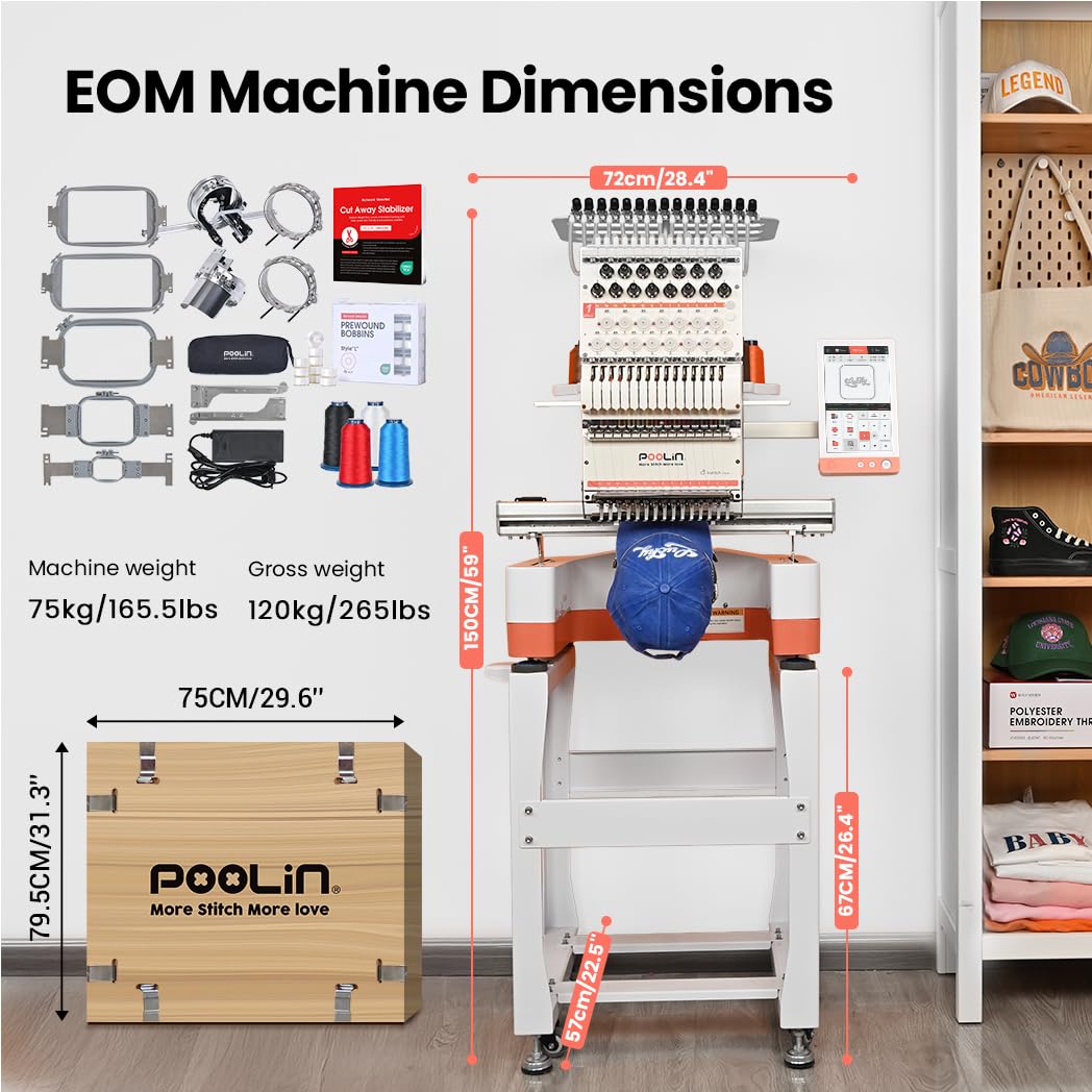 Poolin EOM 15-Needle Commercial Embroidery Machine,14.2"x9.5" Large Embroidery Area for Small Business User Friendly,for Hats,Cap & 3D Caps & Daily Orders,Auto Color Change & Trim,WiFi/USB Transfer