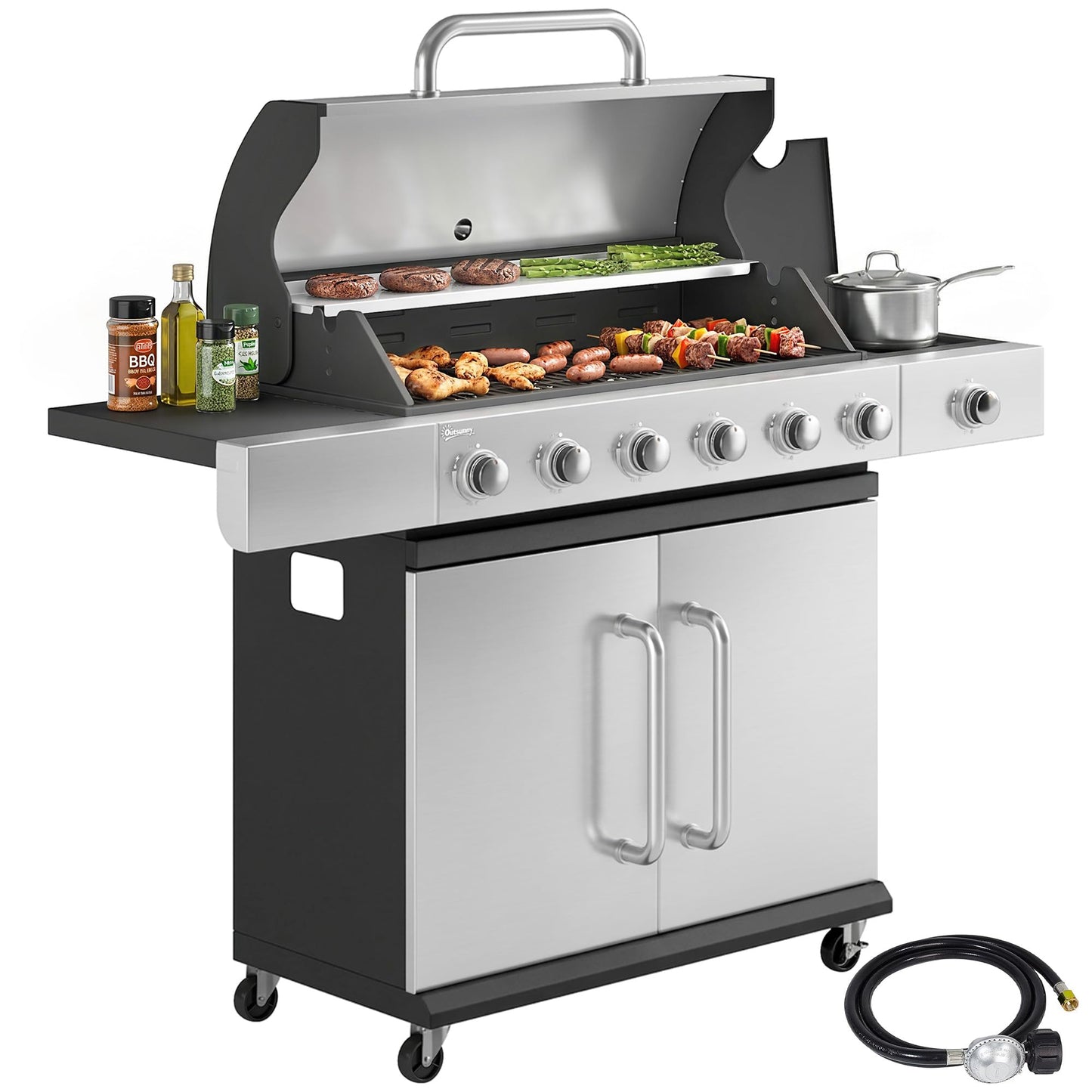 Outsunny 6 Burner Propane Gas Grill with Side Burner, 63,000 BTU Stainless Steel Barbecue Grill with Cast Iron Grates, Wheels, Warming Rack, Side Tables, Cabinet for Outdoor Kitchen, Backyard Barbecue