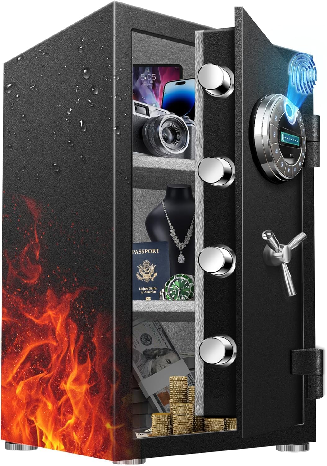 Large 8.0 Cu Ft Fireproof Waterproof Biometric Safe with Fingerprint Keypad Lock, 120LB Heavy Duty Security Safe for Home Office Documents Jewelry Guns Cash, LED Light Type-C Handle