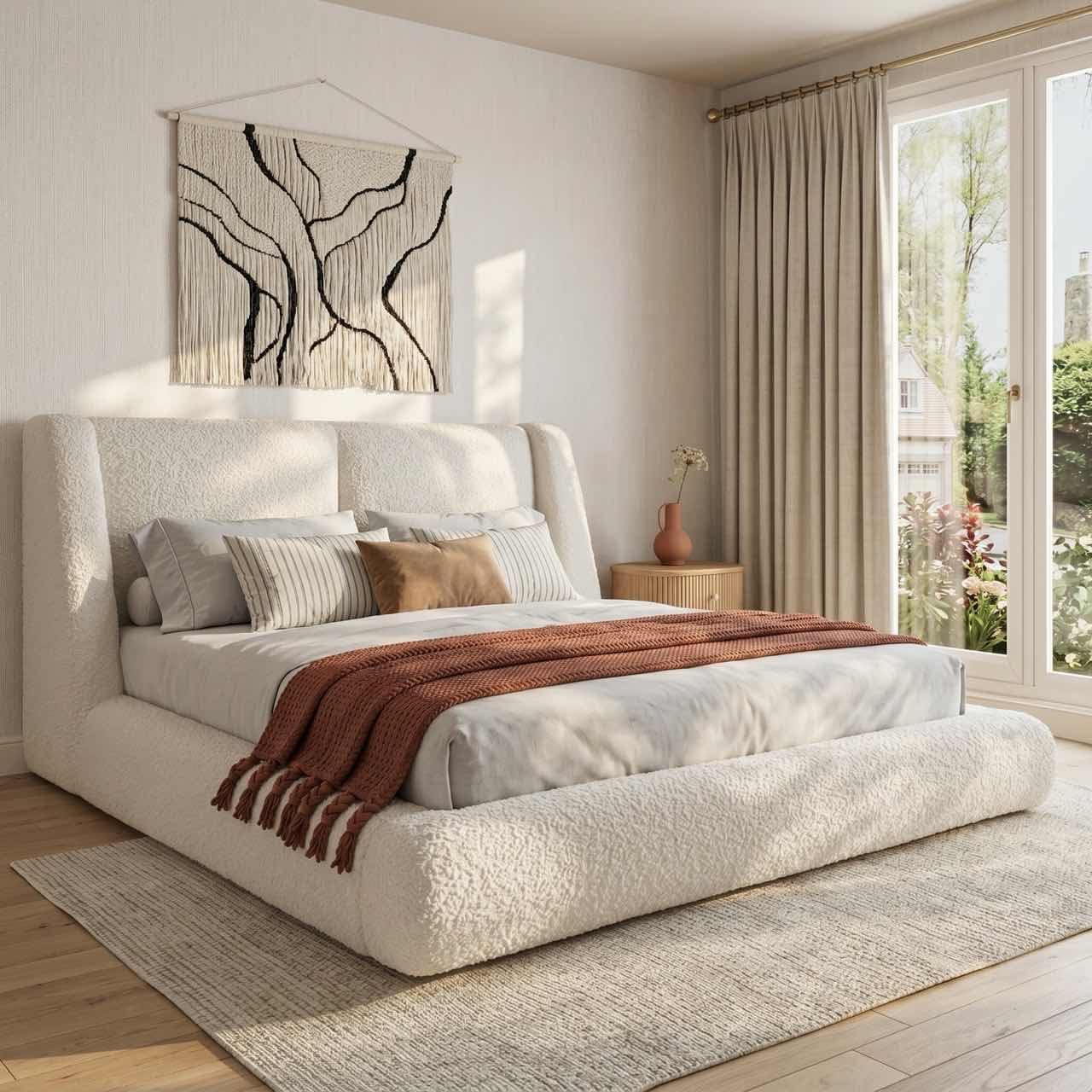 Homkdom Cloud Bed Frame with 5" Thick Headboard Protection, Upholstered Soft Queen Bed Frame for Active Families, Bed Frame Queen Size for Minimalist & Modern Bedroom, No Box Spring Needed, White
