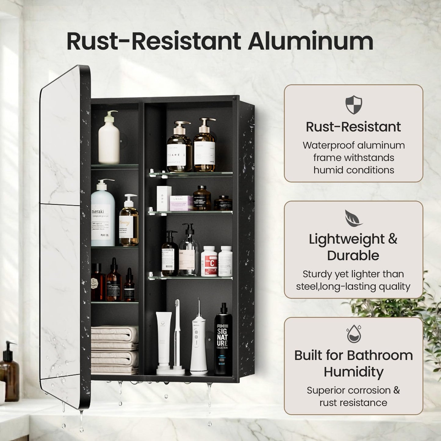 GoTiling Bathroom Medicine Cabinet with Mirror, 20x30 Inch Recessed or Surface Mount Wall Organizer, Fits Tall Bottles, 6 Adjustable Glass Shelves, Soft Close DTC Hinges, Matte Black, Pre-Assembled