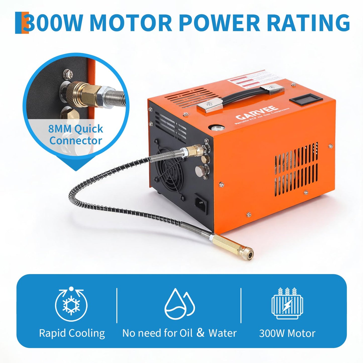 PCP Air Compressor, 4500PSI/30Mpa, 300W Oil-Free Fast Fill Pump with Built-in Manual-Stop, Dual Power 12V DC & 110V/220V AC, Portable Air Pump for Airguns, Air Rifle, Paintball, HPA Tanks(Compact)