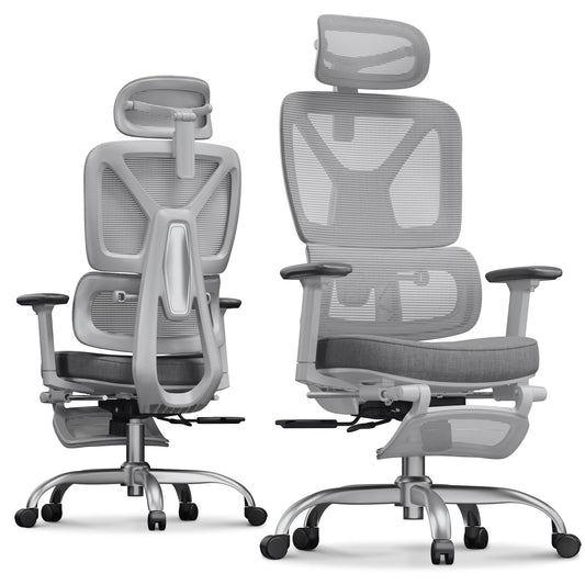 FLEXISPOT ErgoX Premium Ergonomic Office Chair with Footrest- Adjustable 3D Armrests, Dynamic Lumbar Support, Recline & Tilt Function, Mesh Seat, for Home & Office Use,Light Grey Foam