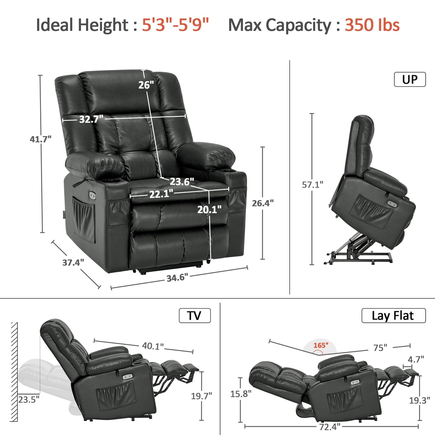 MCombo Dual Motor Power Lift Recliner Chair for Elderly, Lay Flat Lift Chair with Heat and Massage, Cup Holders, USB Ports, Faux Leather 7890 (Grey, Medium)