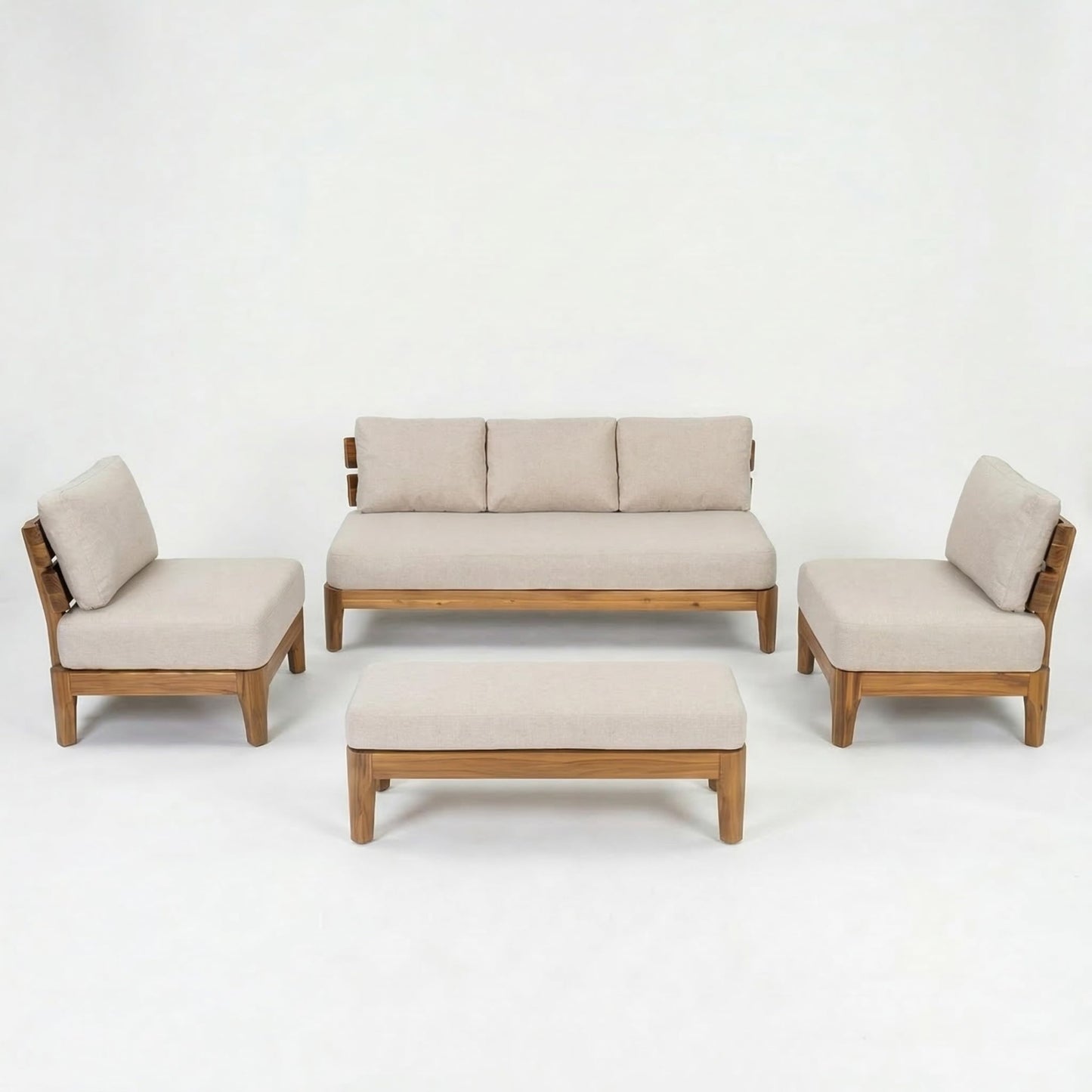 Merax 4 Piece Patio Outdoor Furniture Set, All-Weather Acacia Wood 3-Seater Sofa, 2 Cairs with Cushions, 1 Bench for Porch, Lawn, Backyard, Balcony Teak+ Beige