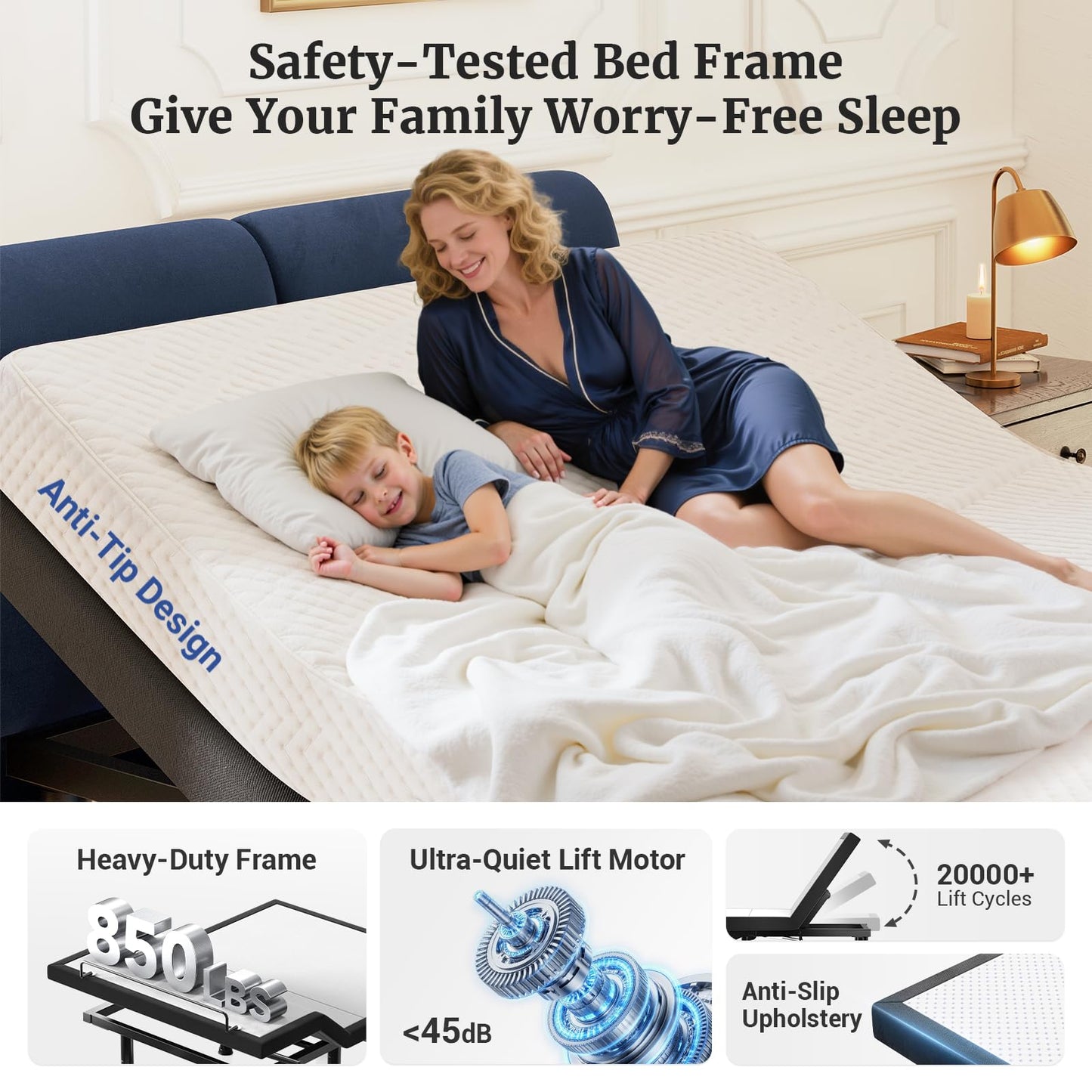 Tami Tami T600 Adjustable Bed Frame Queen Size with Remote & Massage - Electric Beds Bases, Zero Gravity, Dual Side USB, Side Pockets, Nightlight, Quiet Motor, Wireless Remote, 5 Min Easy Assembly