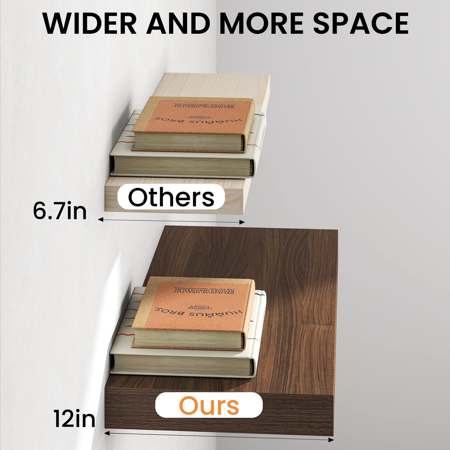 Fun Memories 72 Inch Floating Shelves, 12 Inch Deep Wall Shelf for Fireplace Mantel, Deep Storage Shelves for Home & Office, Long Floating Shelf with Invisible Bracket, Walnut, Set of 2