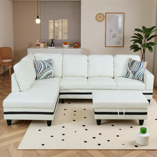 NicBex Sectional Couch 3 Pieces Sofa Set, L-Shaped Modular Couches for Living Room, Furniture Sets with Lounge Chaise & Storage Ottoman, Multi-Scene Use for Apartment & Office, White+Black