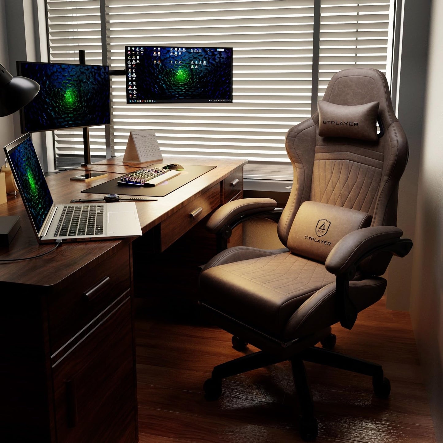 GTPLAYER ACE-PRO Music Gaming Chairs – Built-in Speakers, App Support & Bluetooth Control, Computer Game Chairs with Footrest for Adults, Ergonomic Reclining Silla, Linkage Armrest, Light Brown