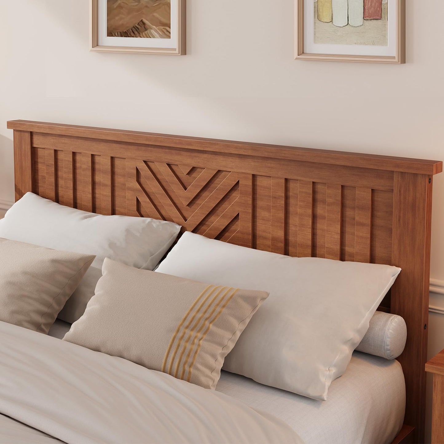 Garvee Queen Wooden Platform Bed Frame with v-Pattern Headboard, Wooden Slat Support, Noise-Free Mattress Foundation, No Box Spring Needed, Easy Assembly,Under-Bed Storage, Light Brown
