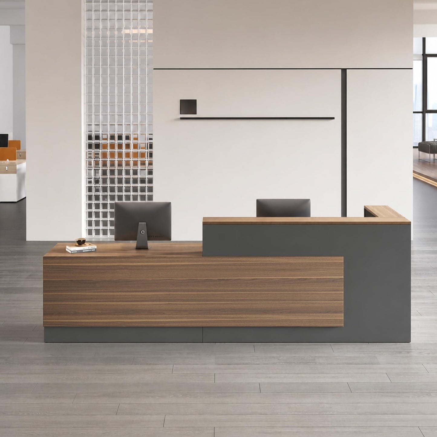 Nuipesn 87" Modern L-Shaped Reception Desk, Front Desk Counter with Drawer, Keyboard Tray and Storage Shelves, Left Layout, Dark Walnut