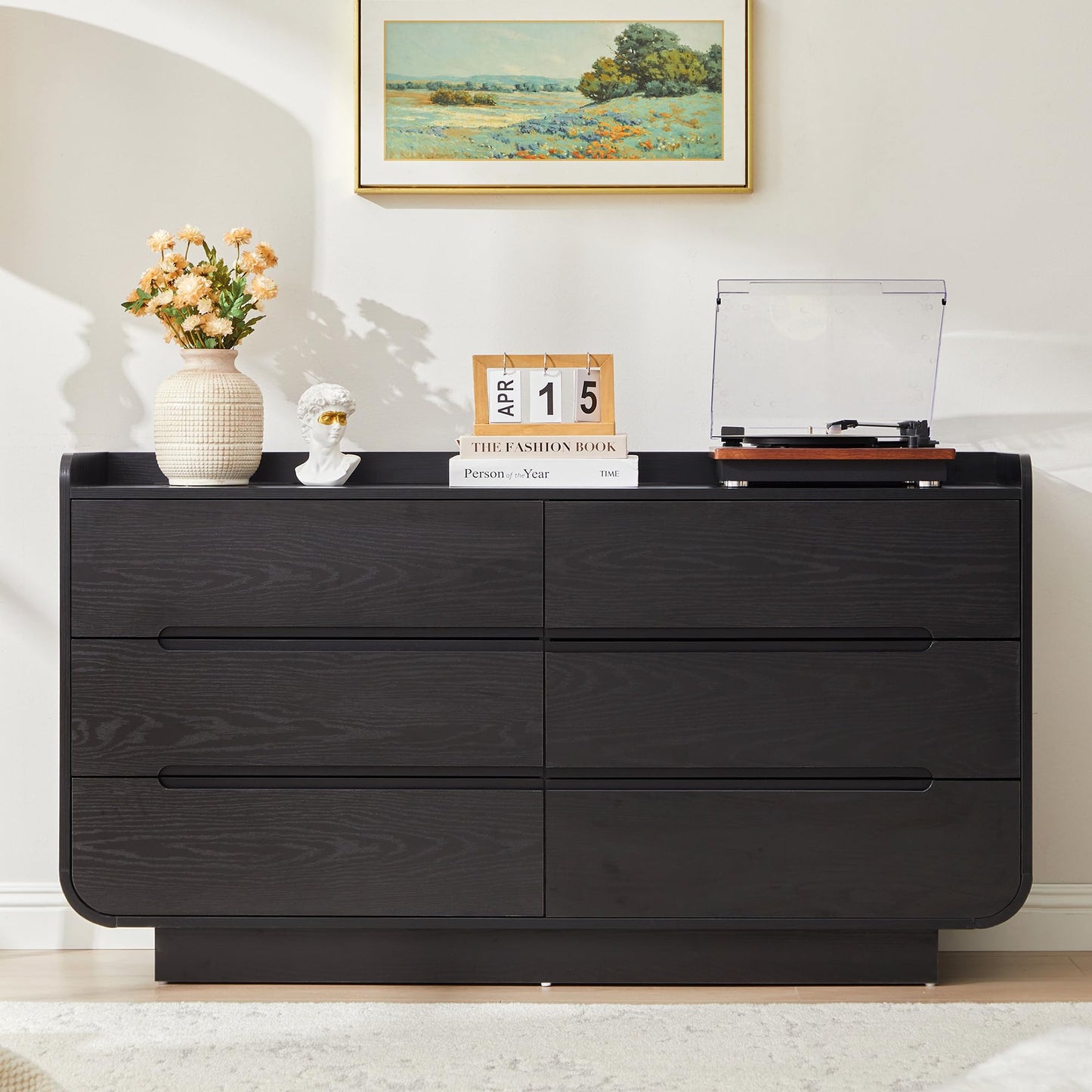 YUCHIATH Curved 6 Drawer Dresser for Bedroom, Modern 53-Inch Chest of Drawers, Wood Storage Dresser Organizers with Hidden Handles, 6 Drawer Dressers for Bedroom, Nursery, Living Room, Black