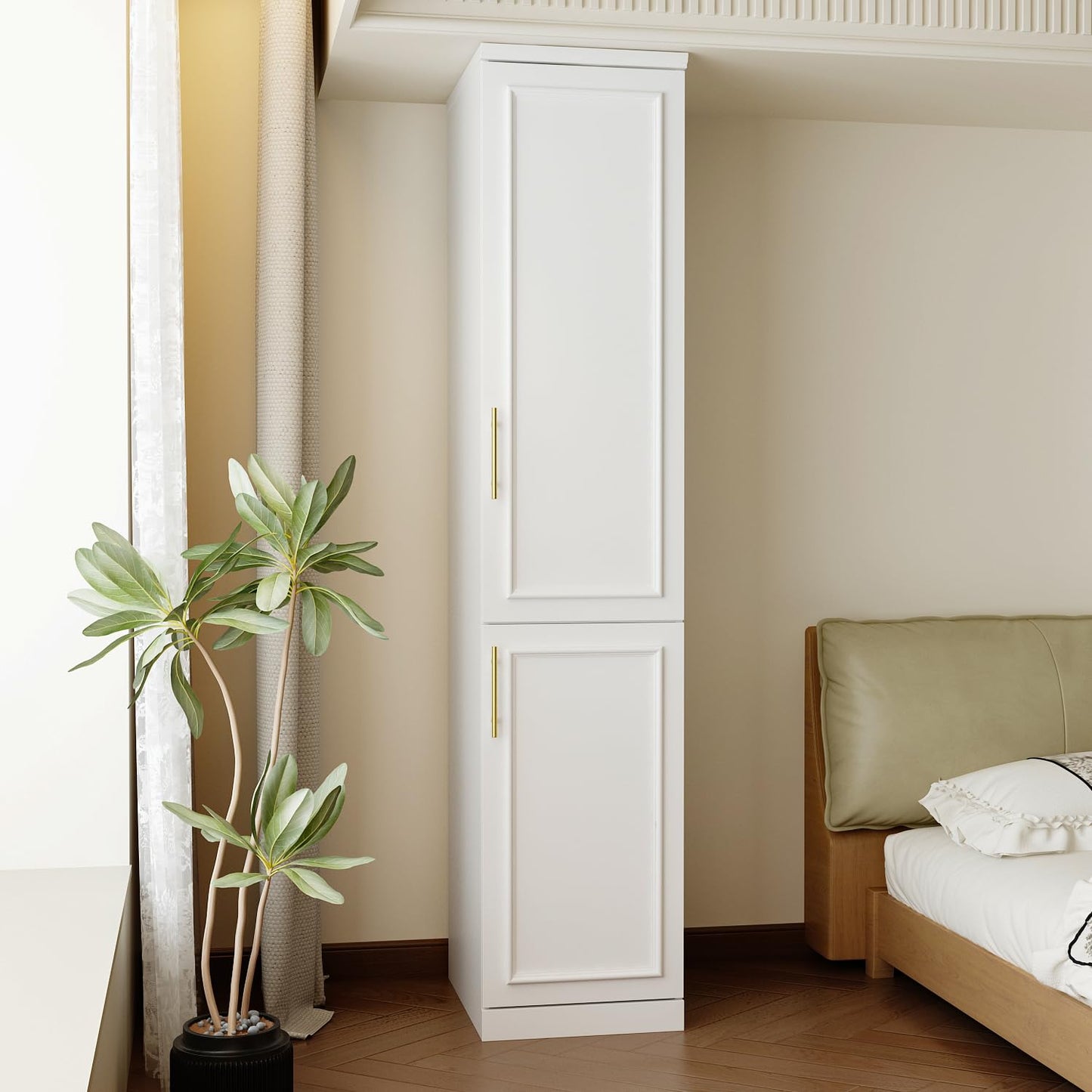 FUFU&GAGA Narrow Wardrobe Closet with 2 Doors, Modern White Bedroom Armoire with Gold Handles, Modern Clothes Storage Cabinet with Shelves, Hanging Rod, 15.7”W x 19.3”D x 74.8”H