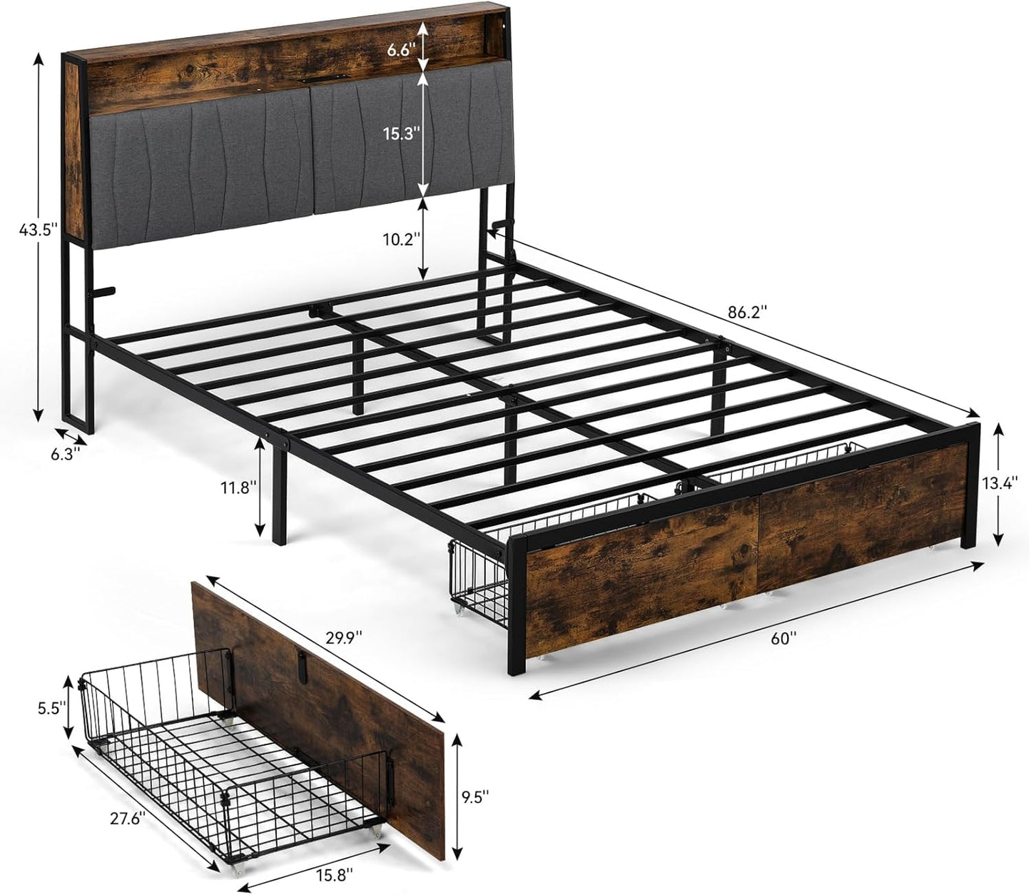 COMHOMA Queen Size Platform Bed Frame with LED Lights and Charging Station, Storage Headboard and Footboard Drawers, No Box Spring Needed, Rustic Wood Look