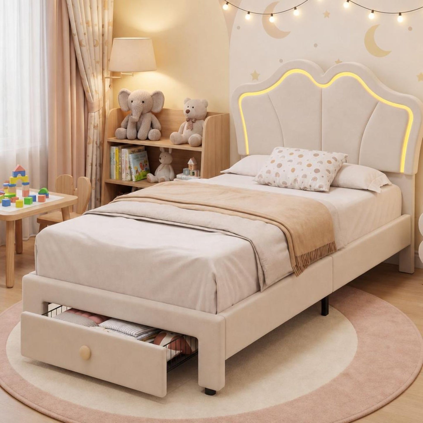 GarveeHome Twin Size Bed Frame with Storage Drawer, Velvet Upholstered Platform Bed Frame with Headboard & LED Light, No Box Spring Needed, Fits 8-10 in Mattress