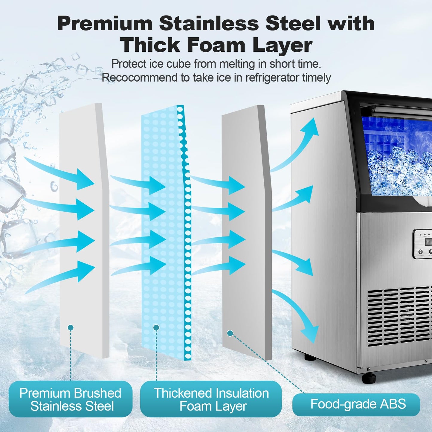 Amzgachfktch Commercial Ice Maker, 100lbs/24H Ice Maker Machine, Auto Self-Cleaning, LED Digital Display, Blue Light, Under Counter/Freestanding Ice Machine for Home/Office/Restaurant/Bar