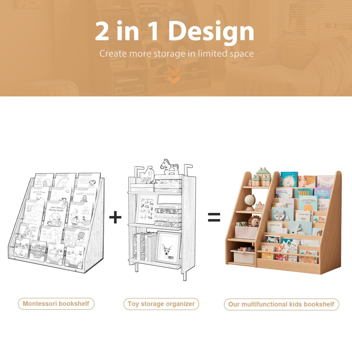 DONGMUWUJEE Solid Wood Kids Bookshelf and Storage Organizer, 7 Layer Children Bookcase, Baby Toddler Wooden Book Shelf, Display Cabinet for Playroom, Bedroom, Classroom, Nursery, School, Natural