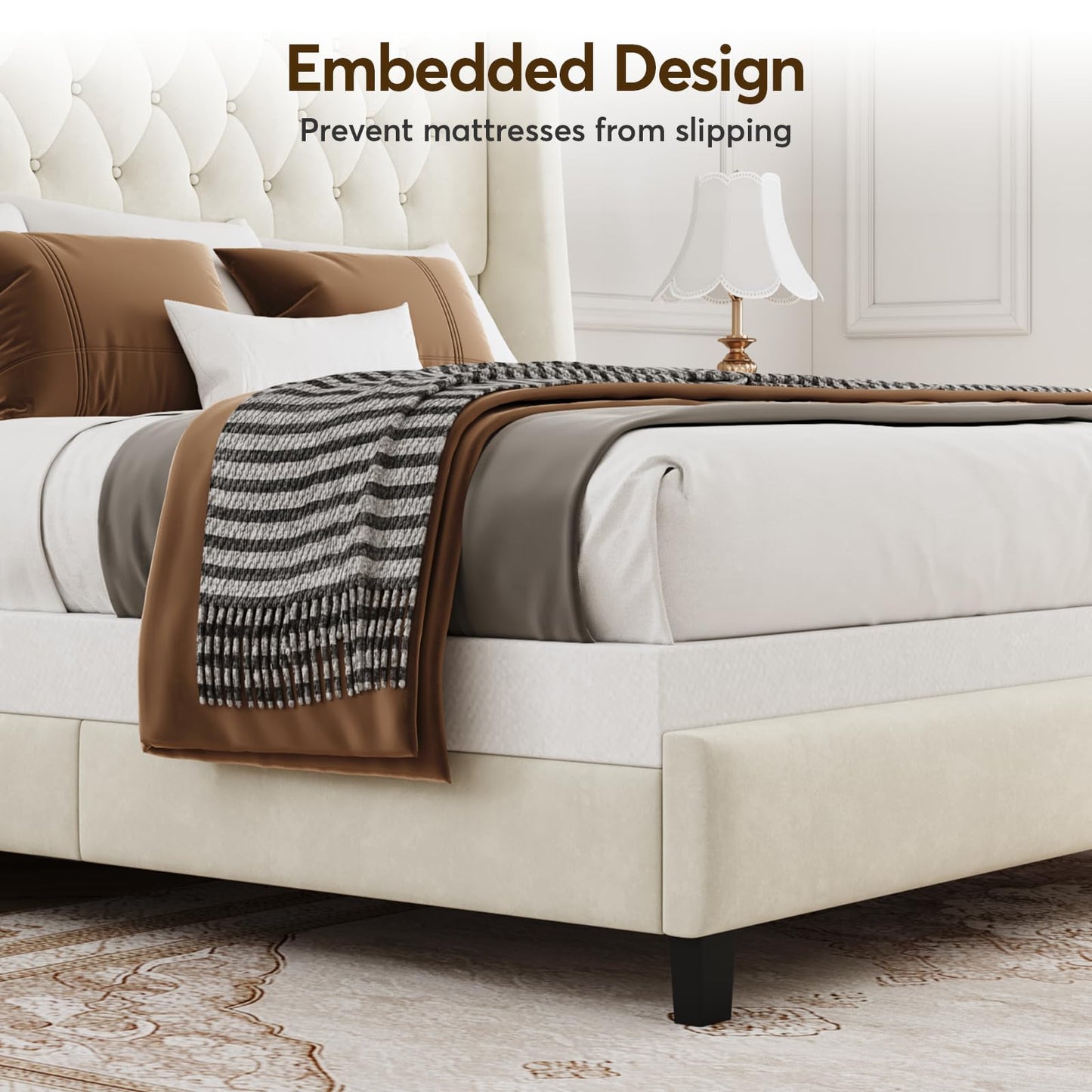 SEREINEY Queen Bed Frame with 55" Tall Headboard, Upholstered Bed Frames, Soft Fabric, Button Tufted Headboard with Windback, Platform Bed, Noise-Free, No Box Spring Needed, Beige