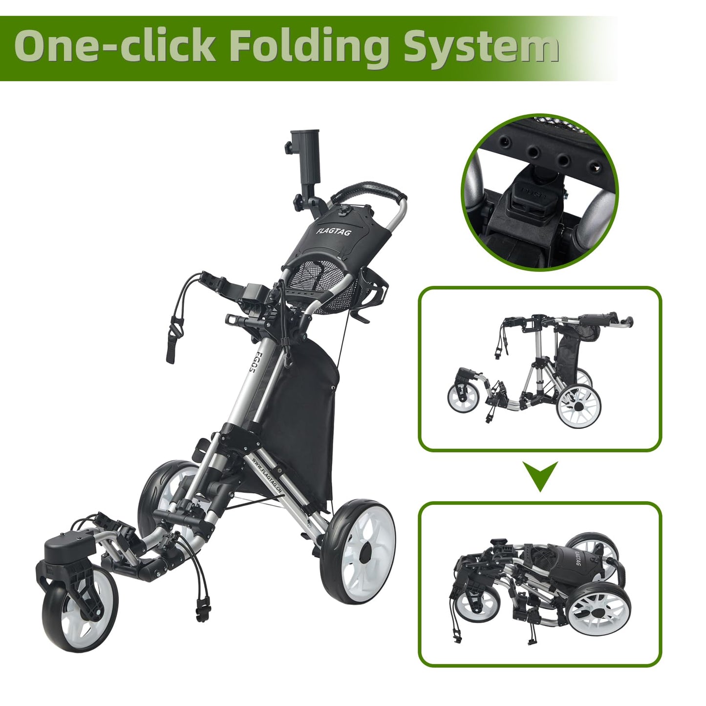 FLAGTAG Golf Push Cart 3 Wheel with 360 Swivel Front Wheel,Lightweight and Foldable Walking Golf Cart，One-Click Foldable,with Foot Brake