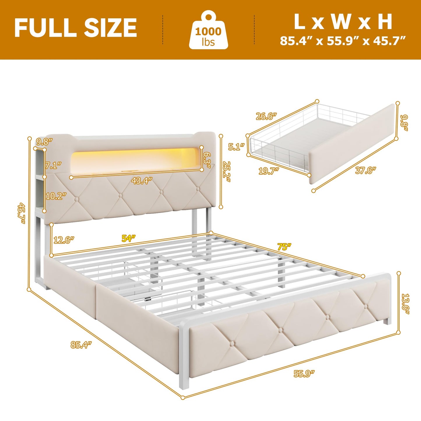 Full Upholstered LED Bed Frame with 2 Storage Drawers and 2-Tier Storage Headboard, Velvet Princess Platform Bed with Charging Station & Bookcase,Heavy Duty Metal Support,No Box Spring Needed,Beige