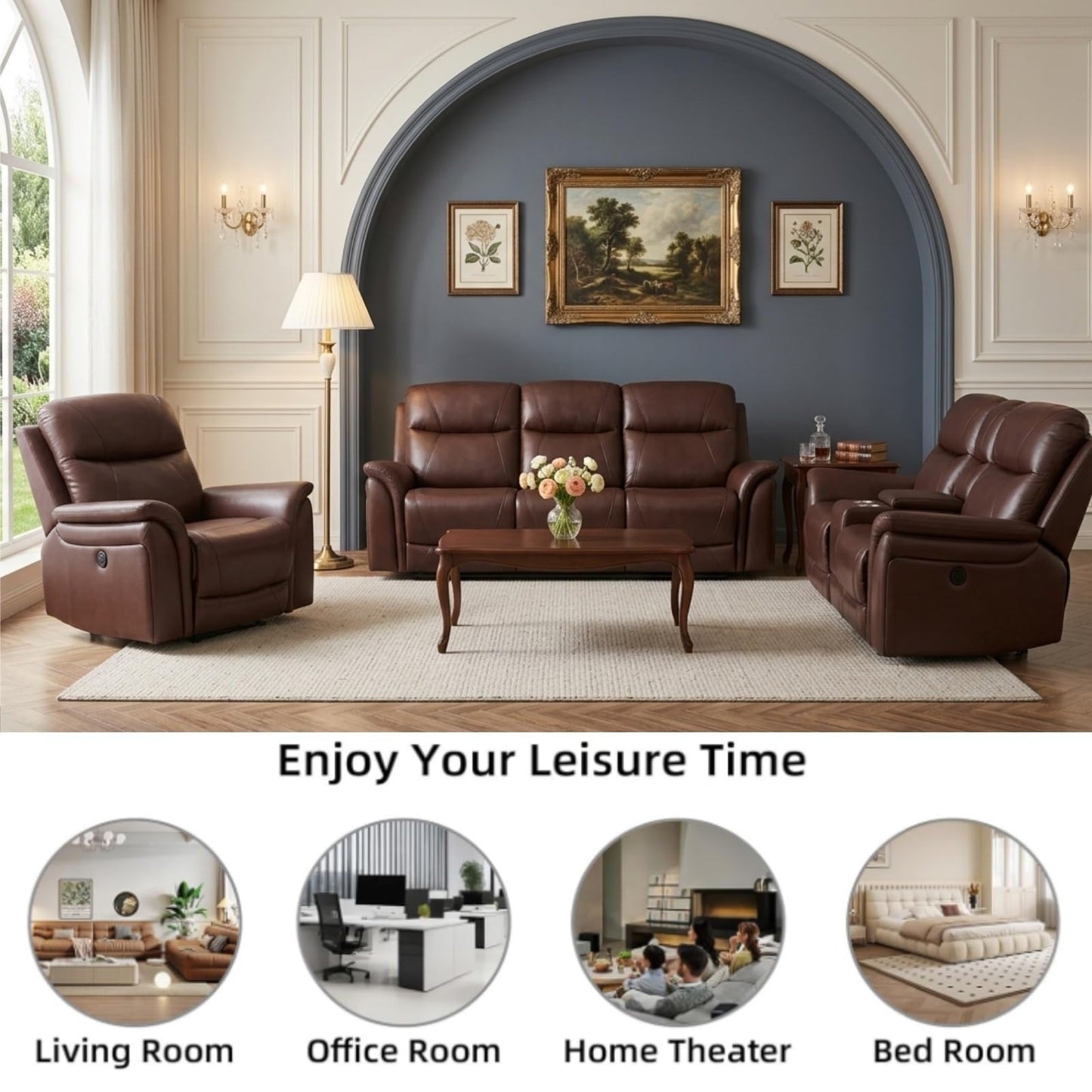 Trygoal Modern Power Recliner Sofa Set of 3, Air Leather Living Room Set with Wireless Charger, Home Theater Seating with Hidden Storage & Cup Holders, Retro Vintage Furniture, Reddish Brown