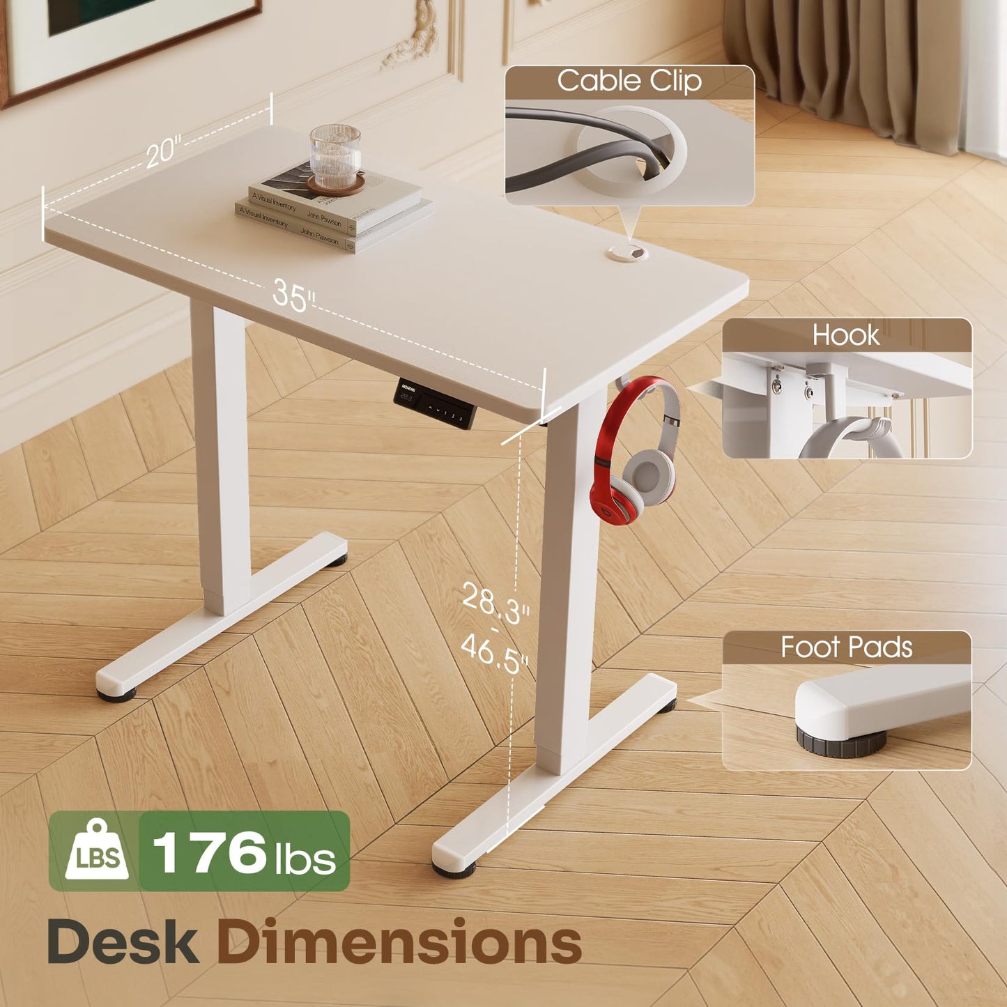 Monomi Small Electric Standing Desk, 35" x 20" Whole Piece Height Adjustable with Memory Controller, White Sit to Stand Desk Workstation for Home Office