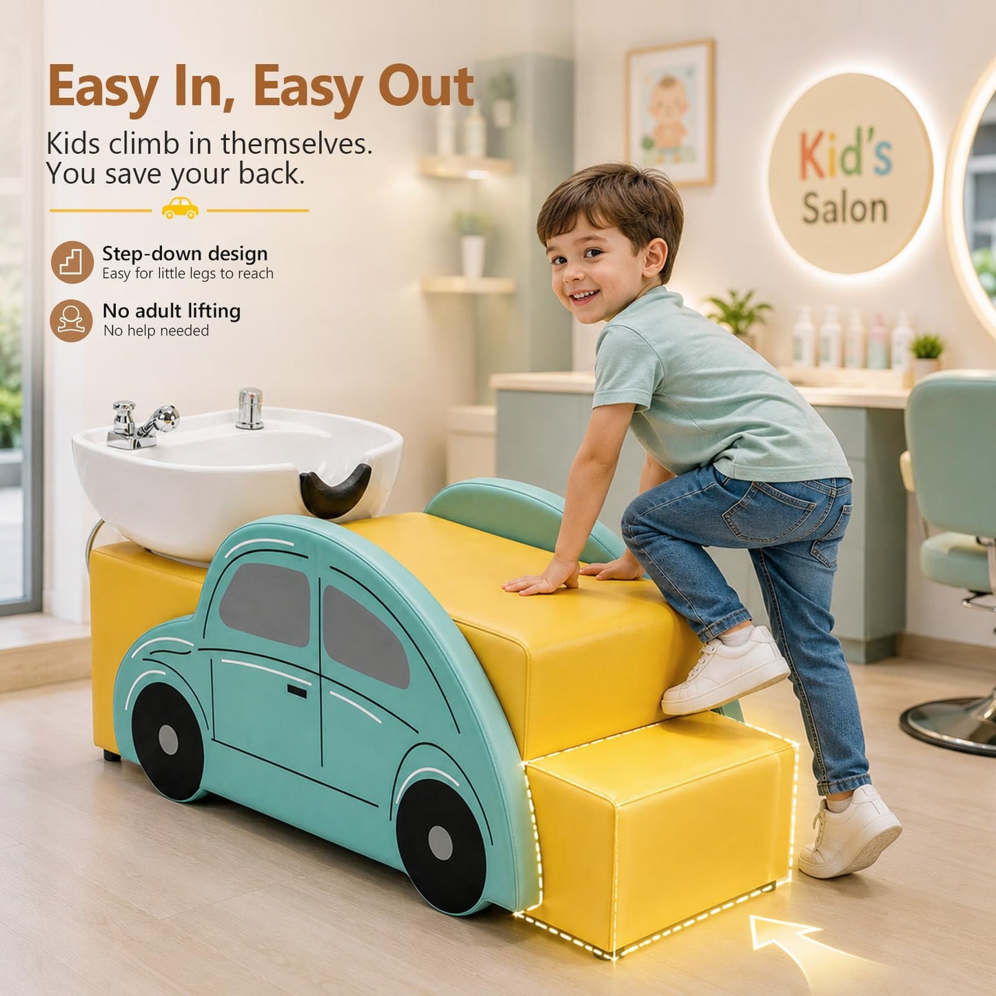 OmySalon Hair Washing Station for Kids, Ceramic Bowl with Neck Rest & UPC Certified Faucet Vacuum Breaker, Child Shampoo Bowl and Chair Set for Salon