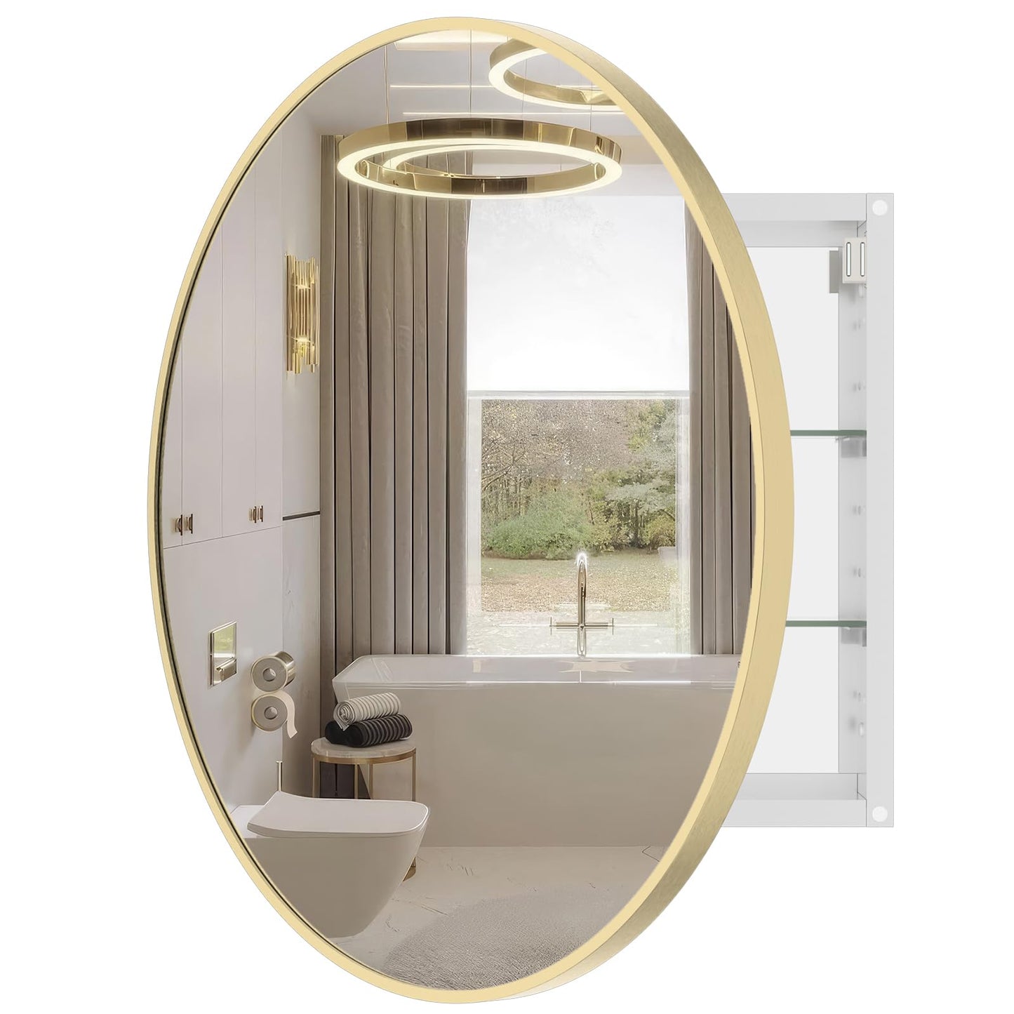 WallBeyond Bathroom Medicine Cabinet with Mirror, 28 Inch Gold Round Mirror Medicine Mabinet Wall Mounted with Aluminum Alloy Metal Framed, Surface Mount Medicine Cabinet with Storage
