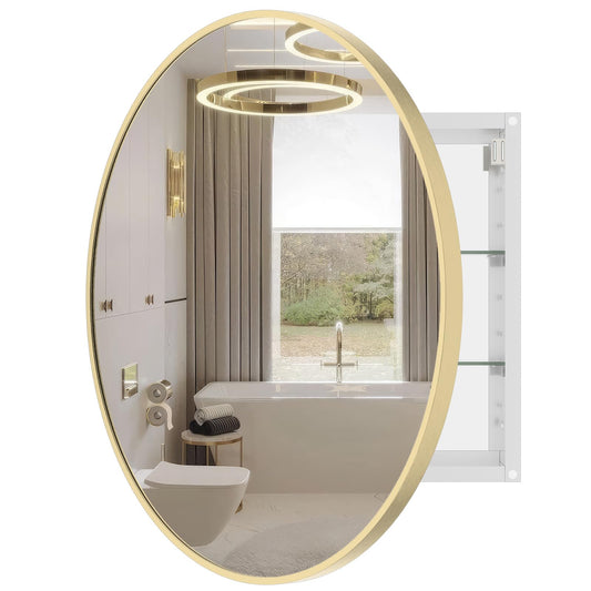 WallBeyond Bathroom Medicine Cabinet with Mirror, 28 Inch Gold Round Mirror Medicine Mabinet Wall Mounted with Aluminum Alloy Metal Framed, Surface Mount Medicine Cabinet with Storage