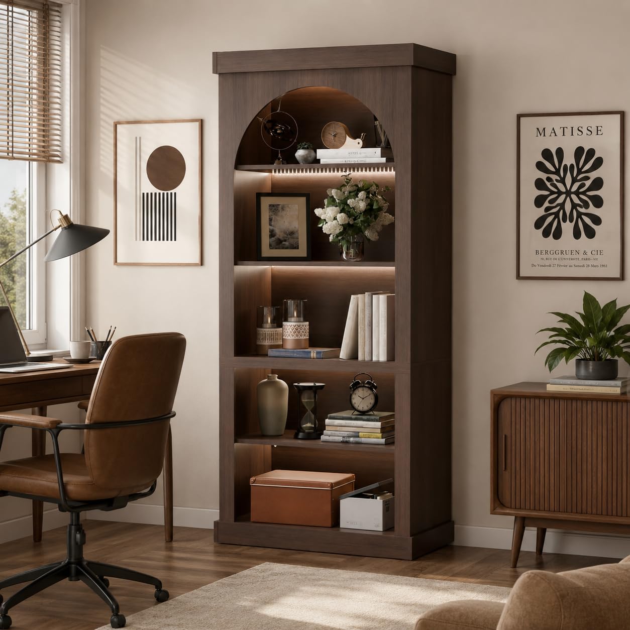 Trygoal Tall Cabinet Bookcase, Display Cabinet Walnut Finish with Adjustable Shelf, Mid Century Modern Curio Cabinet for Living Room, Dining Room, Kitchen, Study Room, Entryway, Open-Shelves