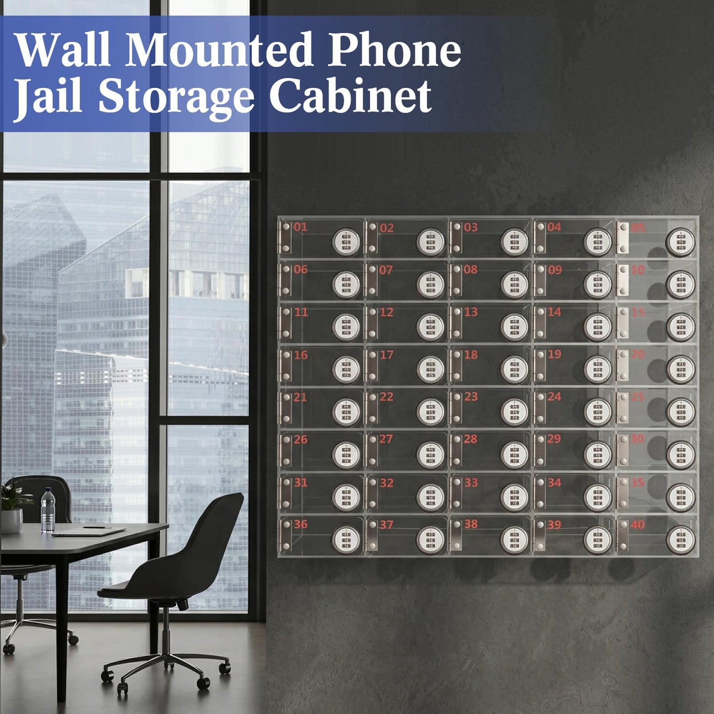 Reallnaive 40 Slots Cell Phone Locker Box with Combination Lock, Clear Acrylic Cell Phone Storage Cabinet Bin, Wall Mounted, for Classroom School Students Office Factory Employees