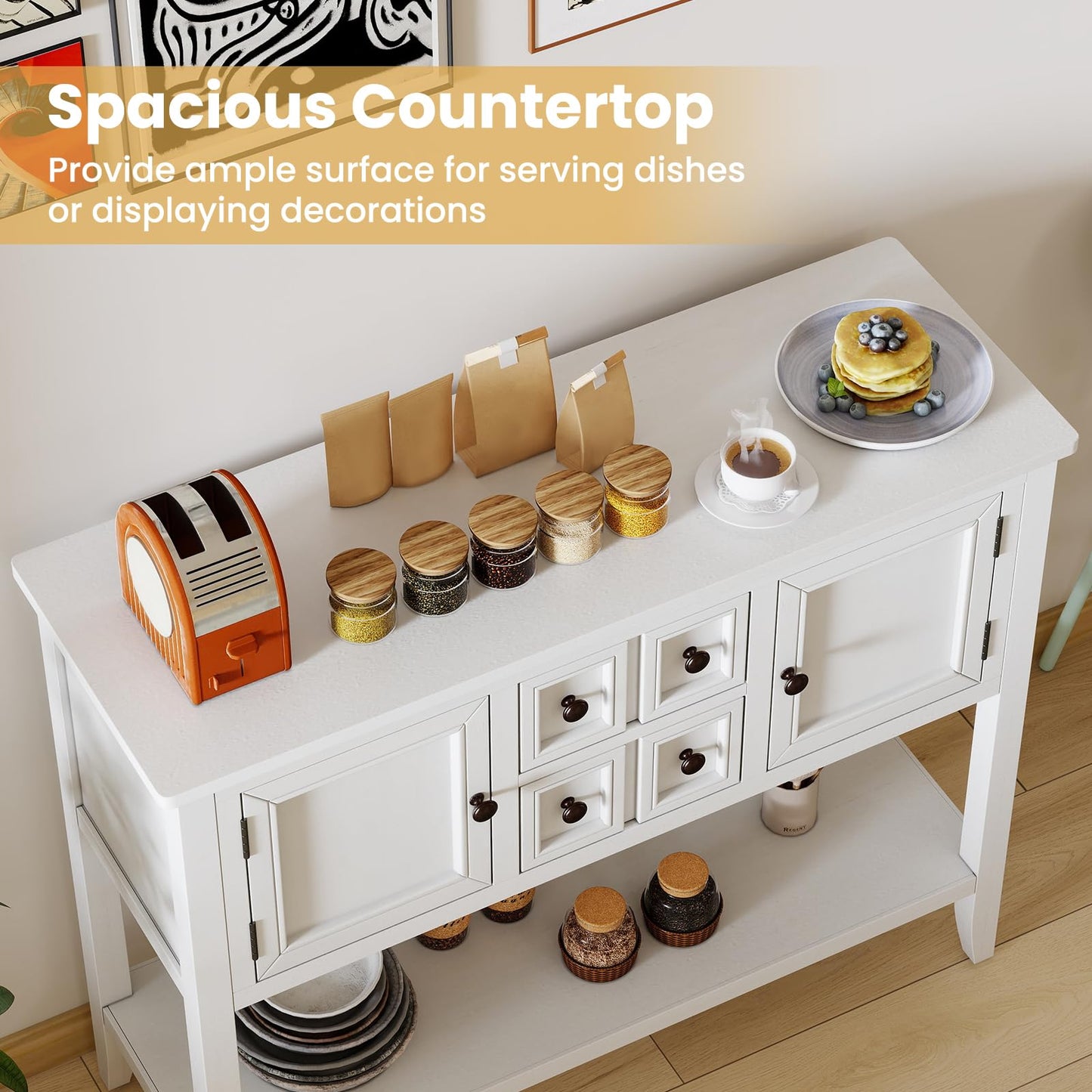 Giantex Sideboard Buffet Cabinet with Storage, 42’’ Wood Credenza, Accent Coffee Bar Cabinet with Open Shelf, 2 Drawers & 2 Doors, Buffet Table for Entryway, Kitchen, Living Room, Hallway, White