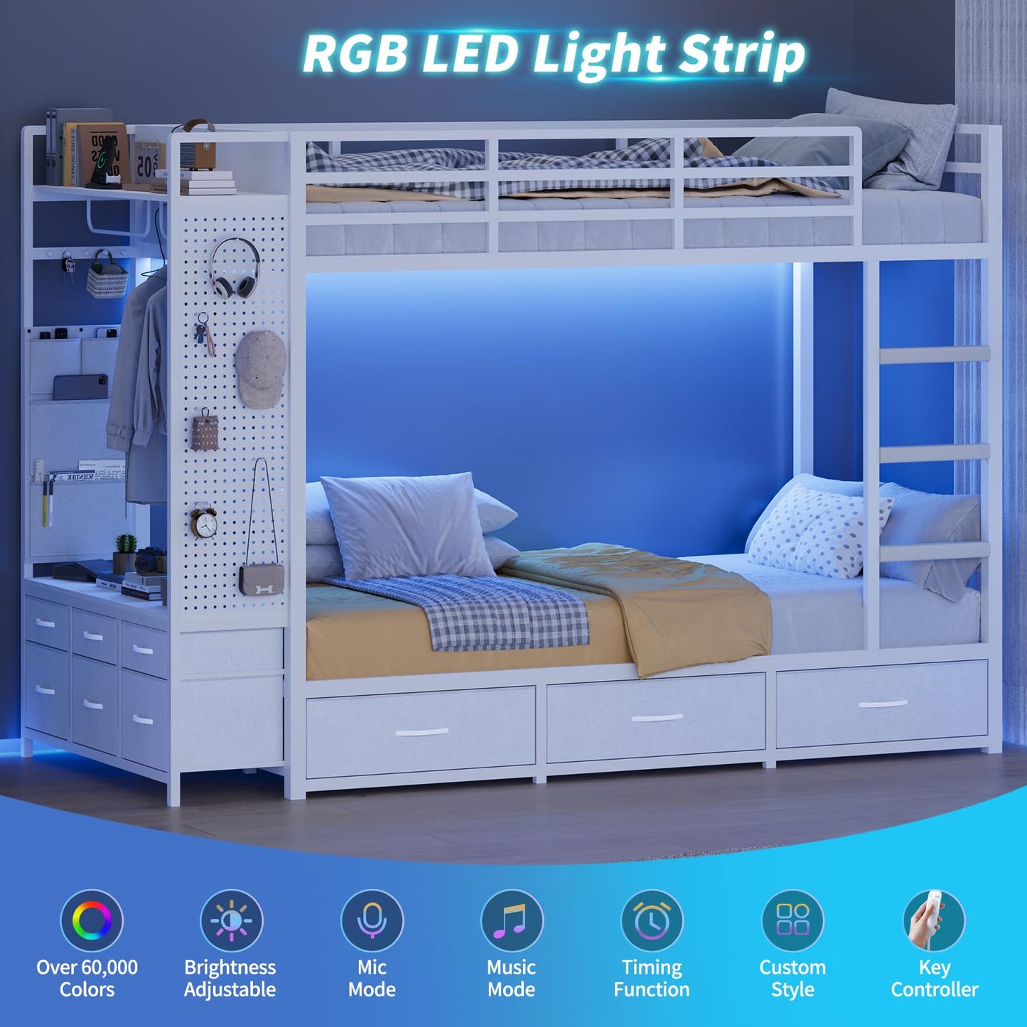Bunk Bed Twin Over Twin with 9 Drawers & Hanging Rod, Low Loft Metal Bed with Charging Station & LED Lights, Sturdy Bed Frame with Pegboard & Storage, No Box Spring Needed, for Bedroom, White