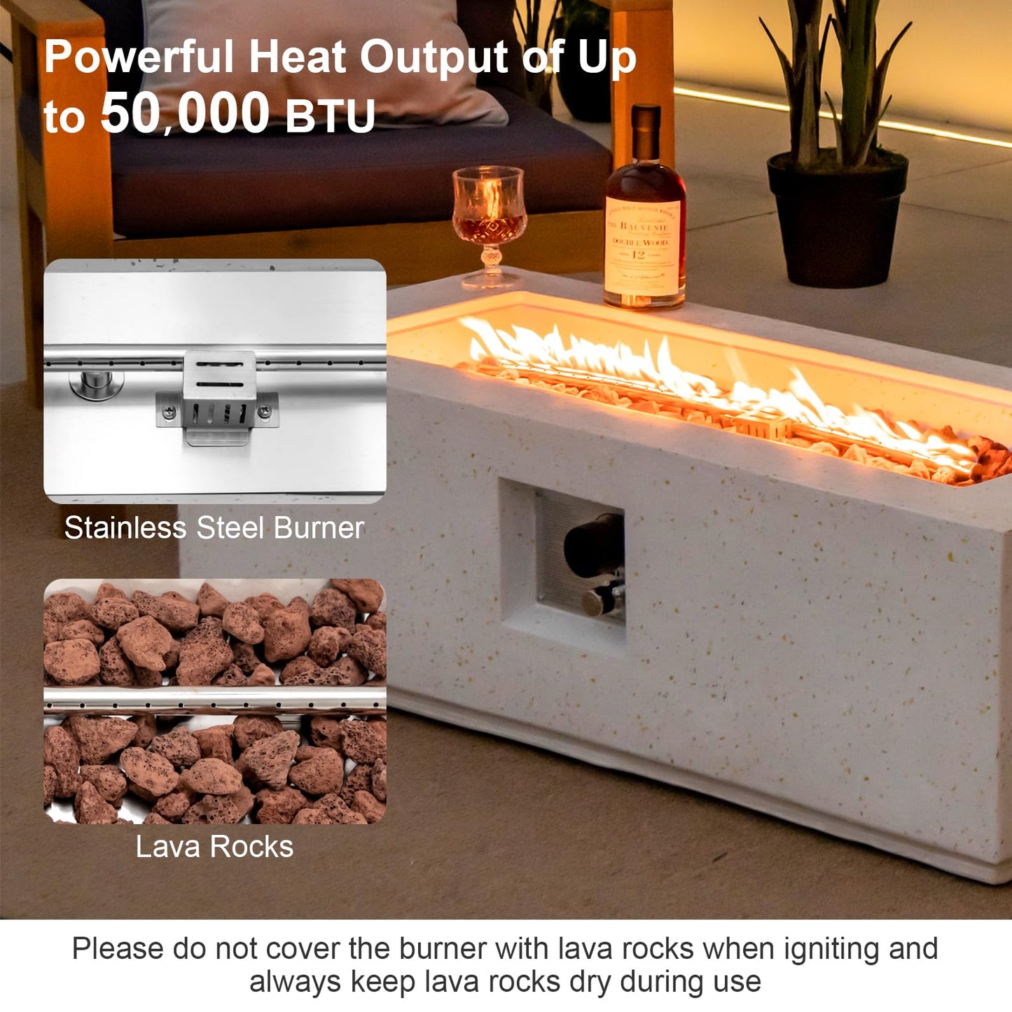 COSTWAY 42" Rectangle Fire Pit Table, Terrazzo Propane Gas Fire Table, Simple Ignition System & Stainless Steel Burner, Protective PVC Cover Included, Outdoor Fire Pit for Backyard, Garden