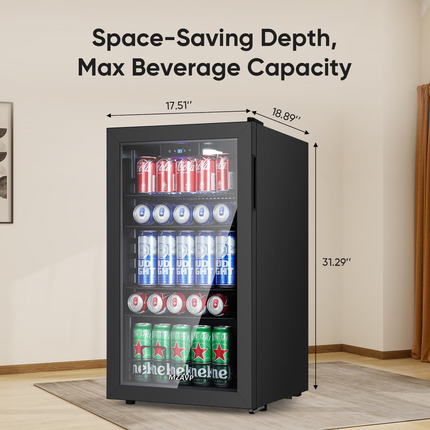 MZAVP 120 Cans Beverage Refrigerator Freestanding, Small Beverage Cooler with Glass Door, Mini Drink Fridge for Beer Soda, 3.0 Cu.Ft for Office, Home, Bar, White LED Light & Reversible Door - Black