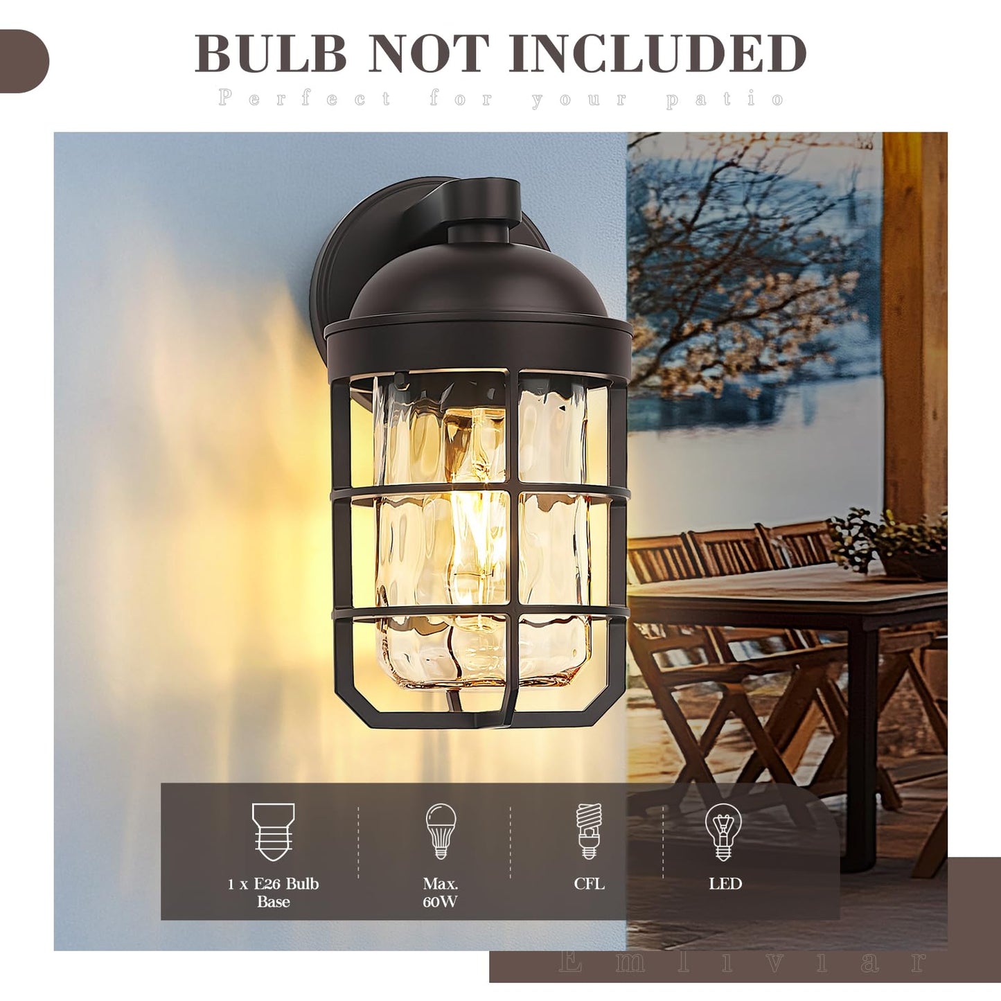 Emliviar Outdoor Wall Lanterns 2 Pack, Nautical Sconce with Water Ripple Glass, 11.3 Inch, Oil Rubbed Bronze, Model GE255BL
