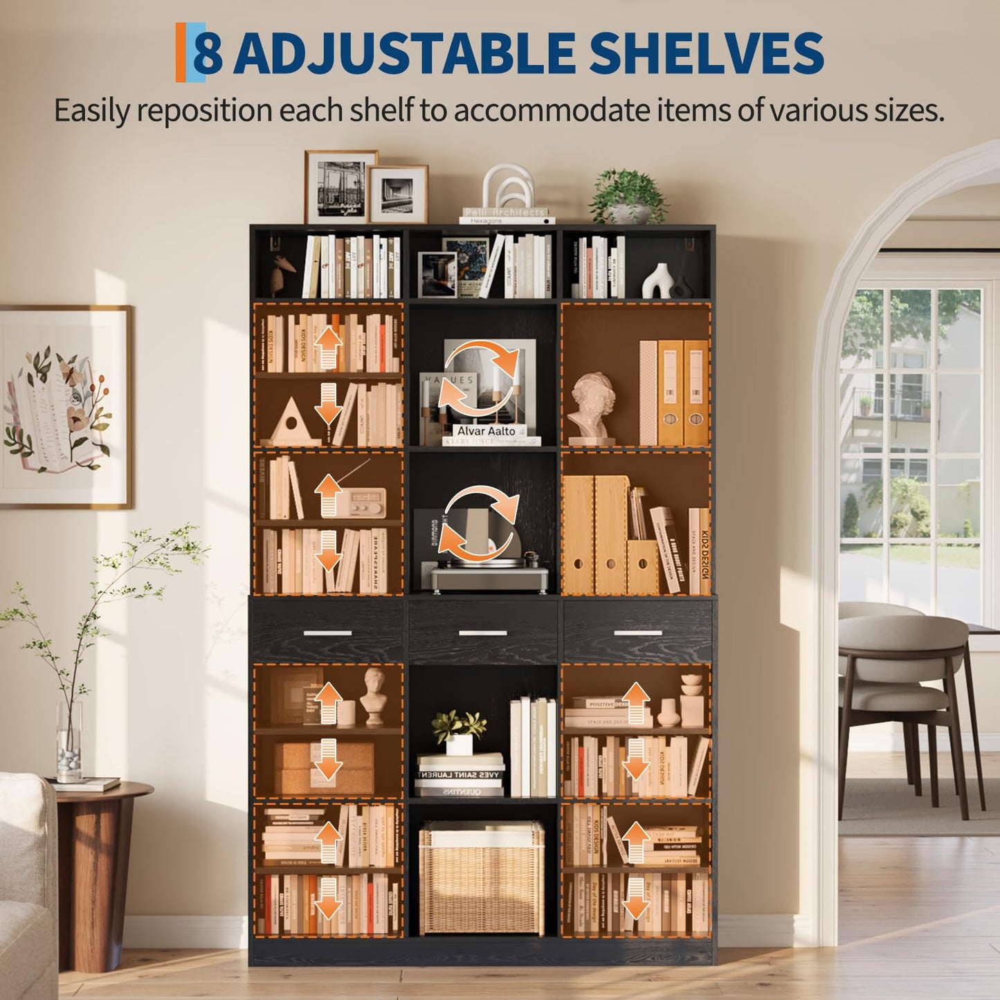 Garvee 75" Tall Bookcase with Drawers, 47" Wide Large 9-Tier Farmhouse Wooden Bookshelf Storage Cabinet with Adjustable Shelves for Living Room Office, Black