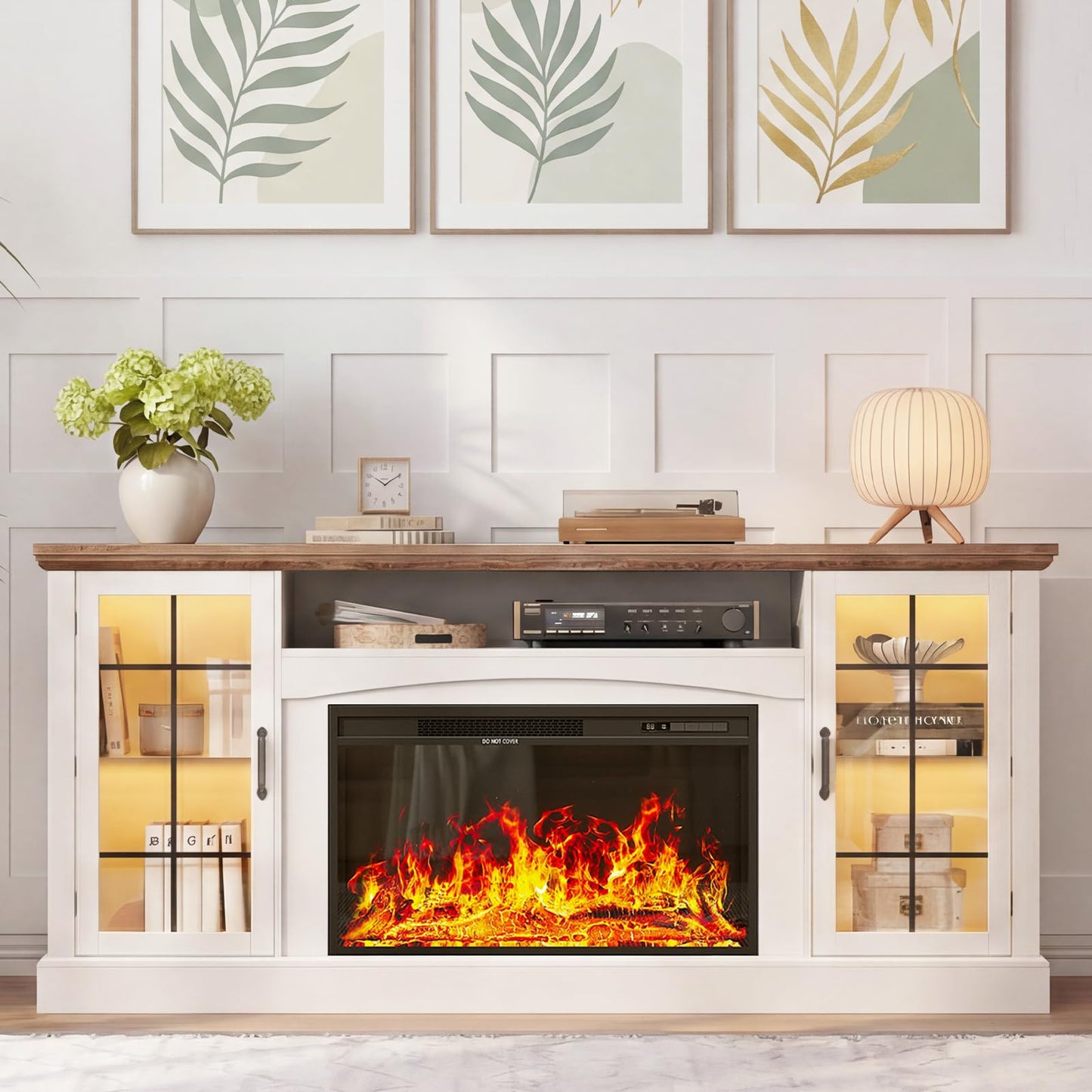 MXV 70" Farmhouse Fireplace TV Stand with 30" Electric Fireplace, Entertainment Center, Media Console Table with Large Storage Cabinets, for Living Room, White