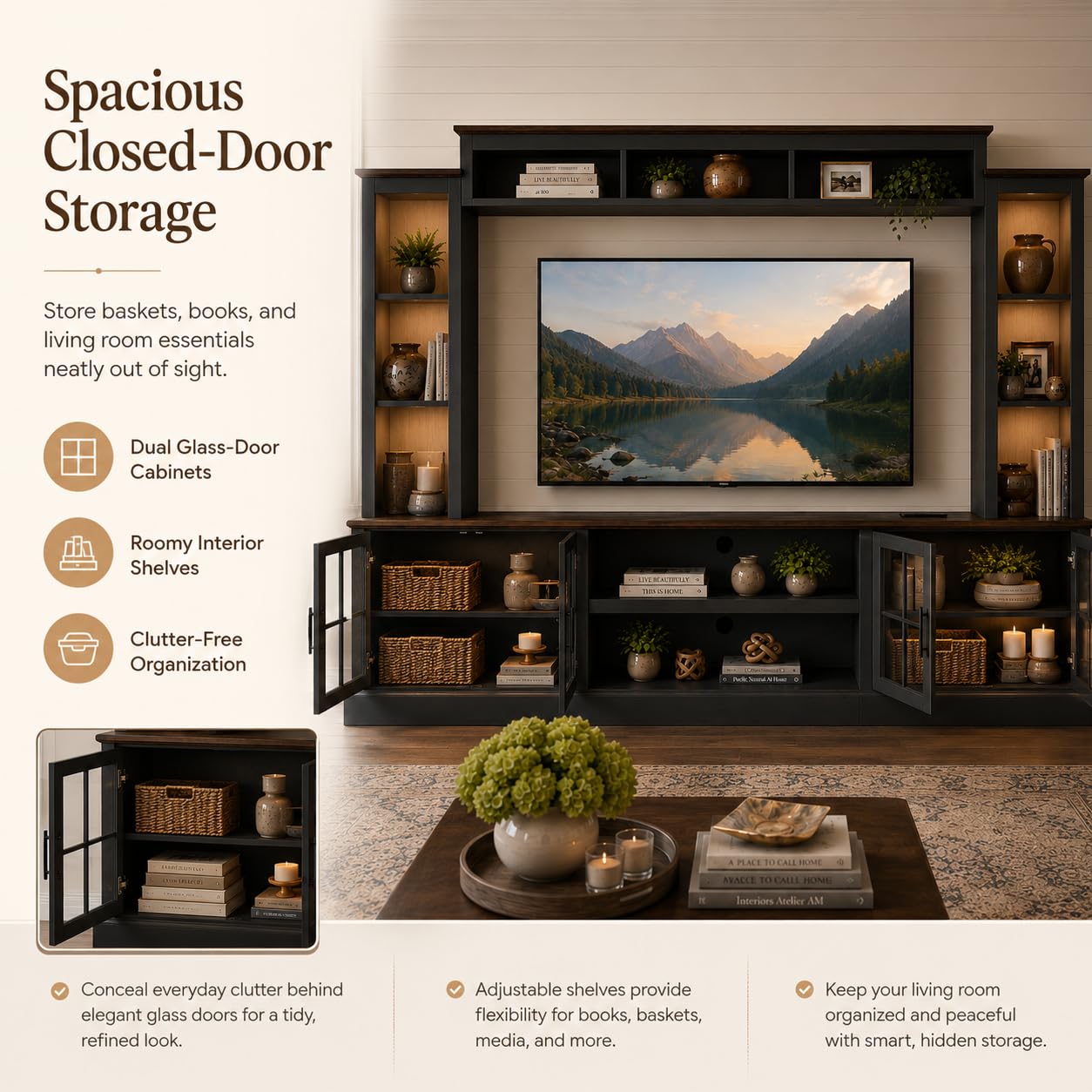 Nordivale Black Farmhouse TV Stand, Entertainment Center, 98" Wall Unit Media Console with Bookshelf, Cabinet & Power Outlets & Barn Doors, Fits TVs Up to 75” for Living Room