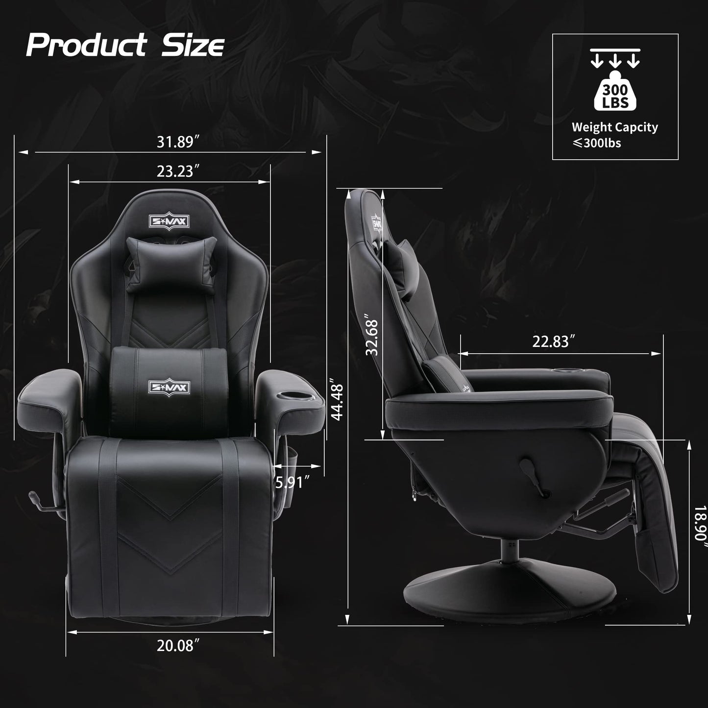 S*MAX Gaming Recliner Chair for Adults Higher Back and Wider Lumbar Support Swivel PU Leather Gaming Chair with Footrest Larger Cup Holder Black X Large