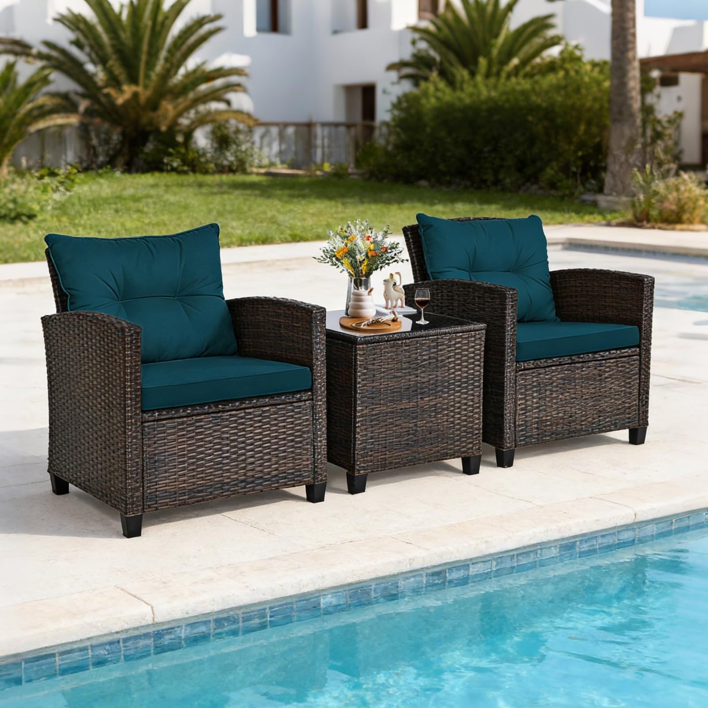 COSTWAY 3PCS Patio Furniture Set, PE Rattan Wicker Sofa w/Washable Cushion and Coffee Table, Tempered Glass Tabletop, Outdoor Conversation Set for Balcony, Porch, Yard, Backyard, Lawn (Blue)