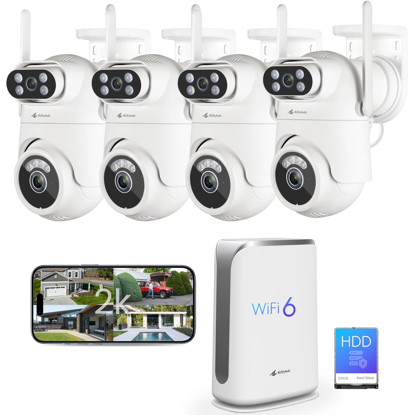 Home Security Camera System Wireless, Dual Lens 2K Security Cameras Wireless Outdoor with 2.4/5GHz WiFi, 360° PTZ, Auto Tracking, Motion Detection, Night Vision, 2-Way Audio, 10CH NVR with 500GB HDD