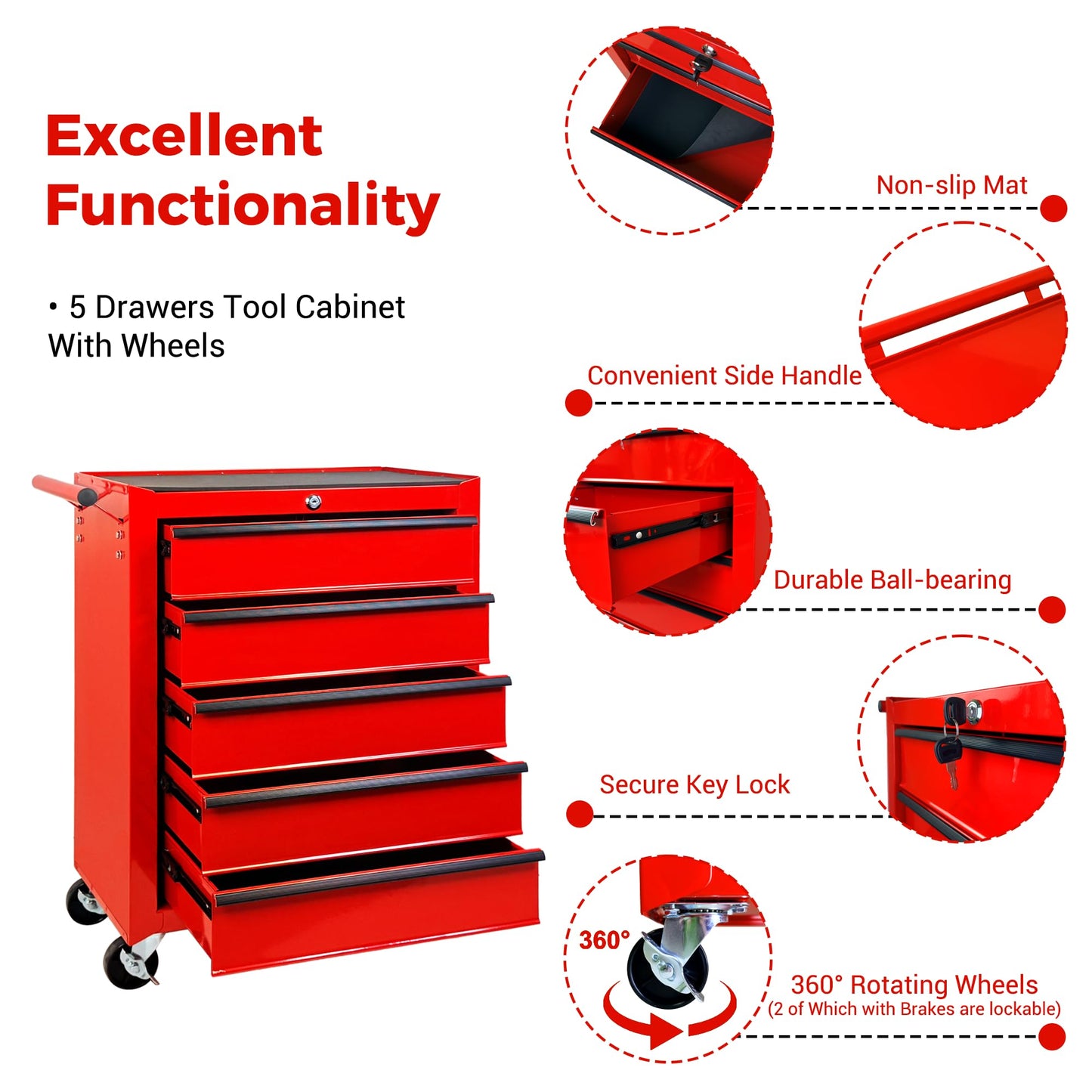 KEIKI 20 Inch Rolling Metal Tool Chest with 5 Drawers, Heavy Duty Steel Tool Cabinet on Wheels, Ball Bearing Slides Lockable Storage Cart Organizer for Garage Workshop Mechanic Repair, Red
