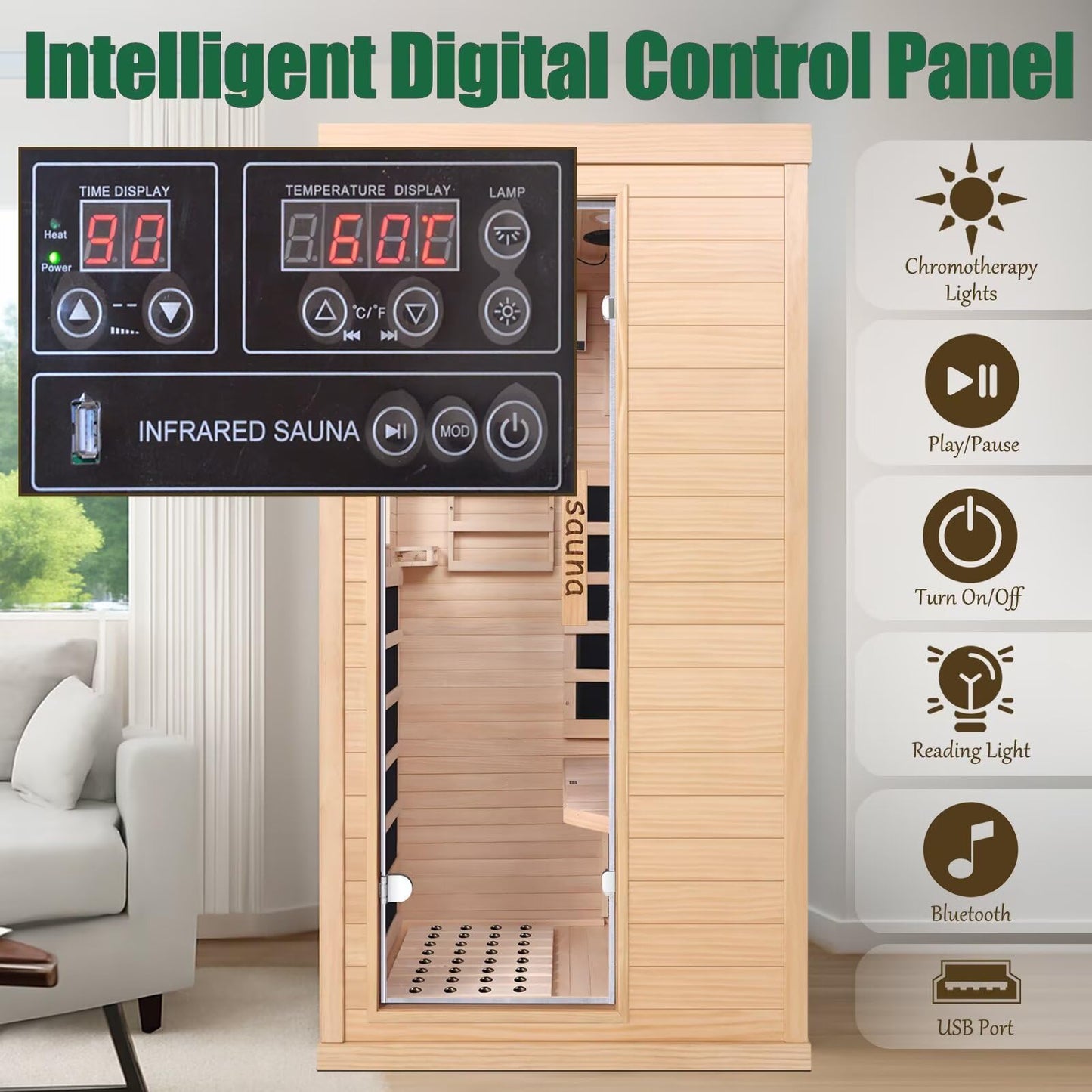 1350W Far Infrared Sauna Room for Home, Low EMF Fast Heating Canadian Hemlock Wood Sauna,Color Changing Sauna Light, Bluetooth Speakers, Modular Design