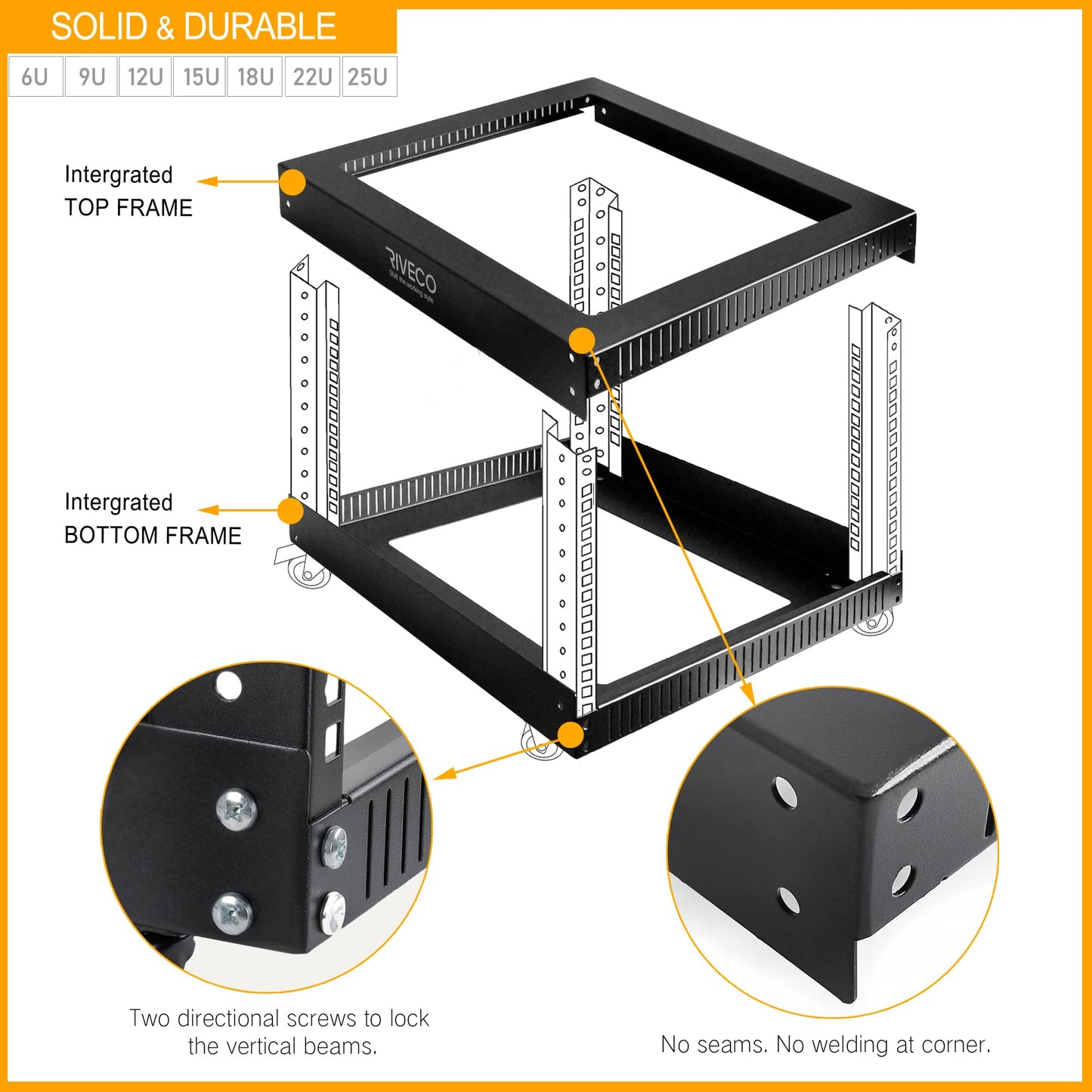 RIVECO 15U Server Rack Floor Standing Open Frame with Wheels- 19-inch 4 Post Quick Assembly AV Rack Network Heavy Duty Durable Black